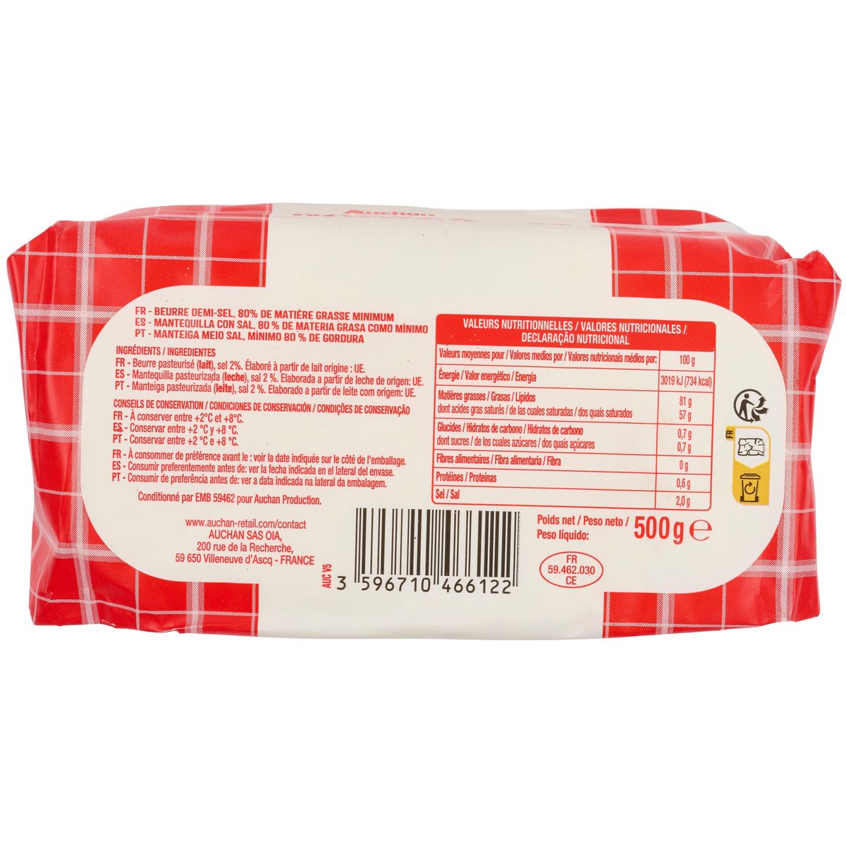 AUCHAN Beurre moulé demi-sel 500g