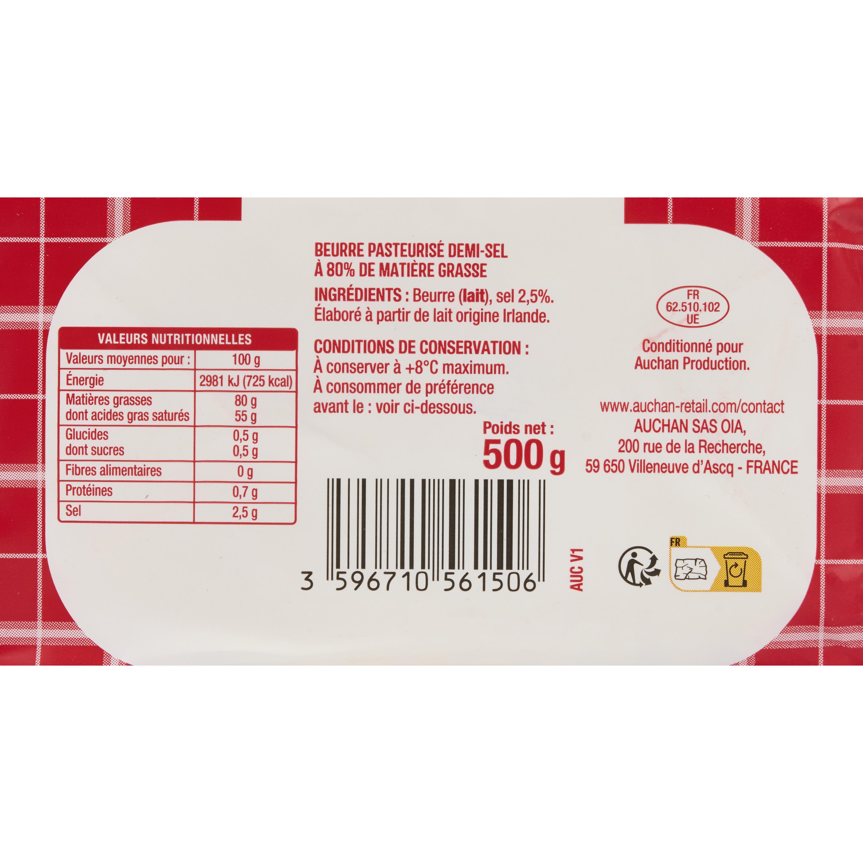Voir la diapositive 4 : AUCHAN Beurre moulé demi-sel 81%MG 500g