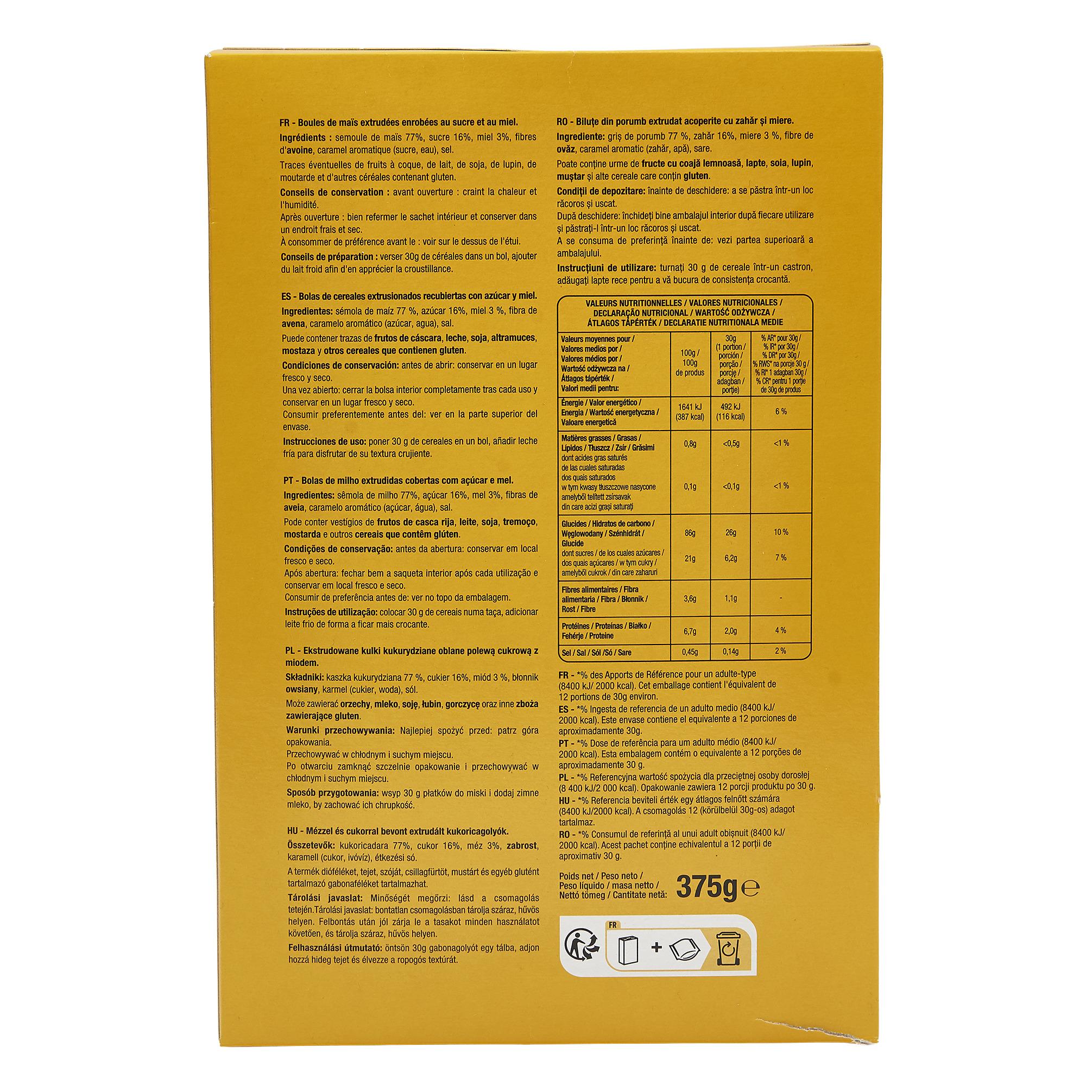 Voir la diapositive 3 : AUCHAN Miel Nuts céréales boules de maïs enrobées de miel 375g
