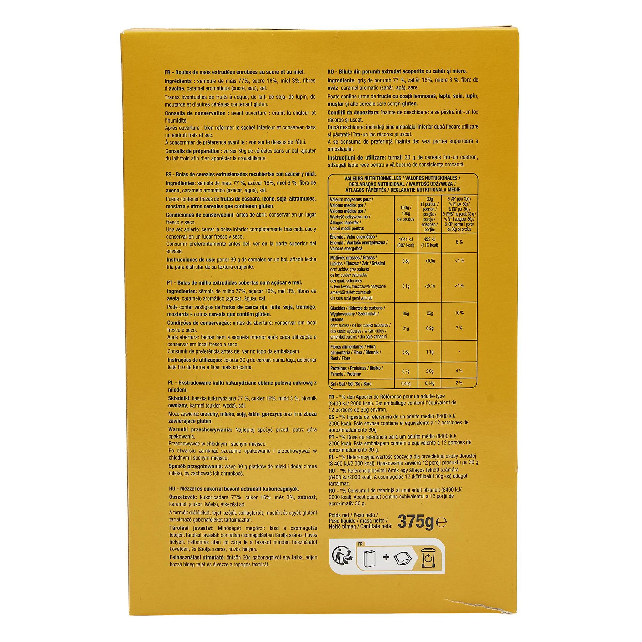 Voir la diapositive 3 : AUCHAN Miel Nuts céréales boules de maïs enrobées de miel 375g