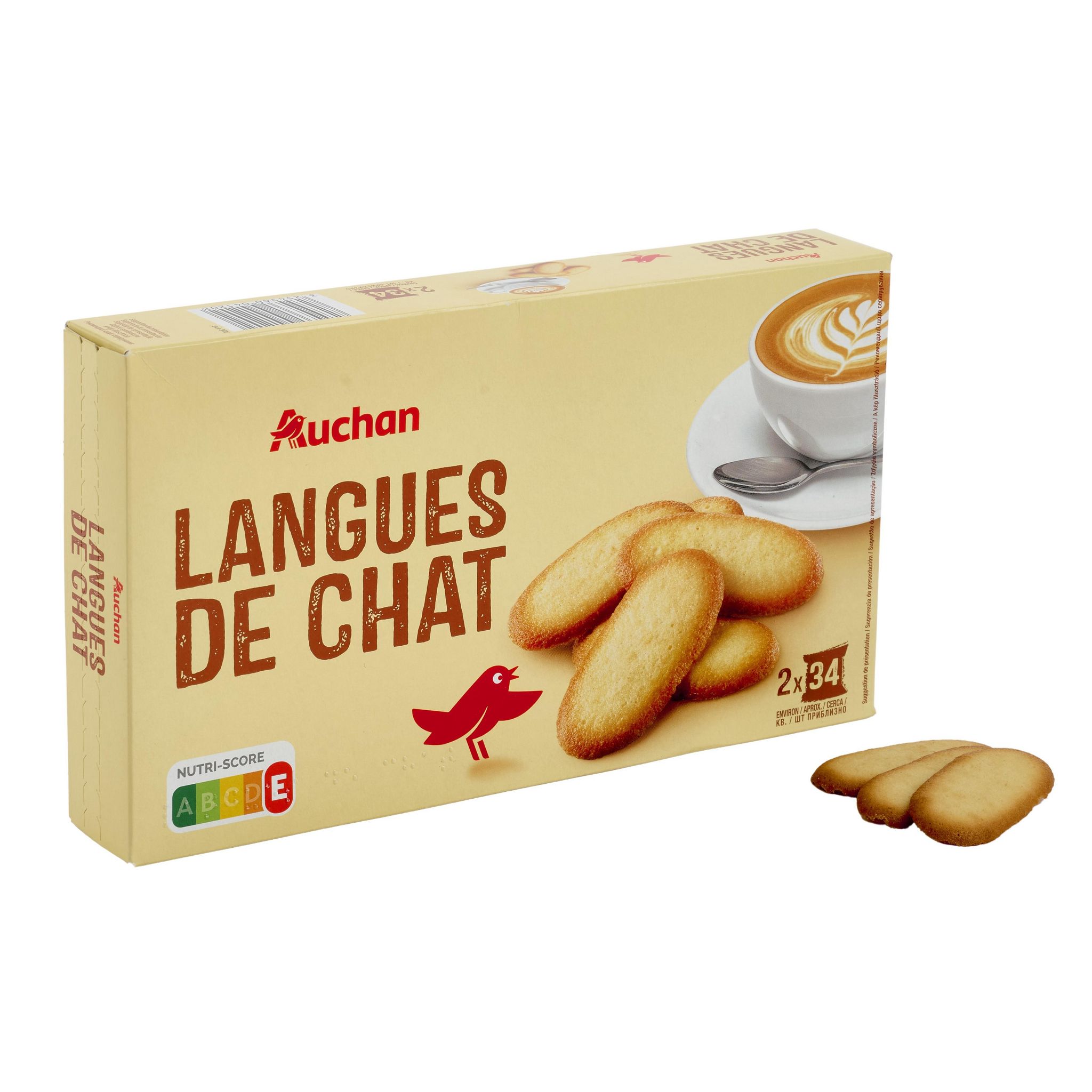 Voir la diapositive 2 : AUCHAN Langues de chat dégustation sachets fraîcheur 2x34 biscuits 2x100g