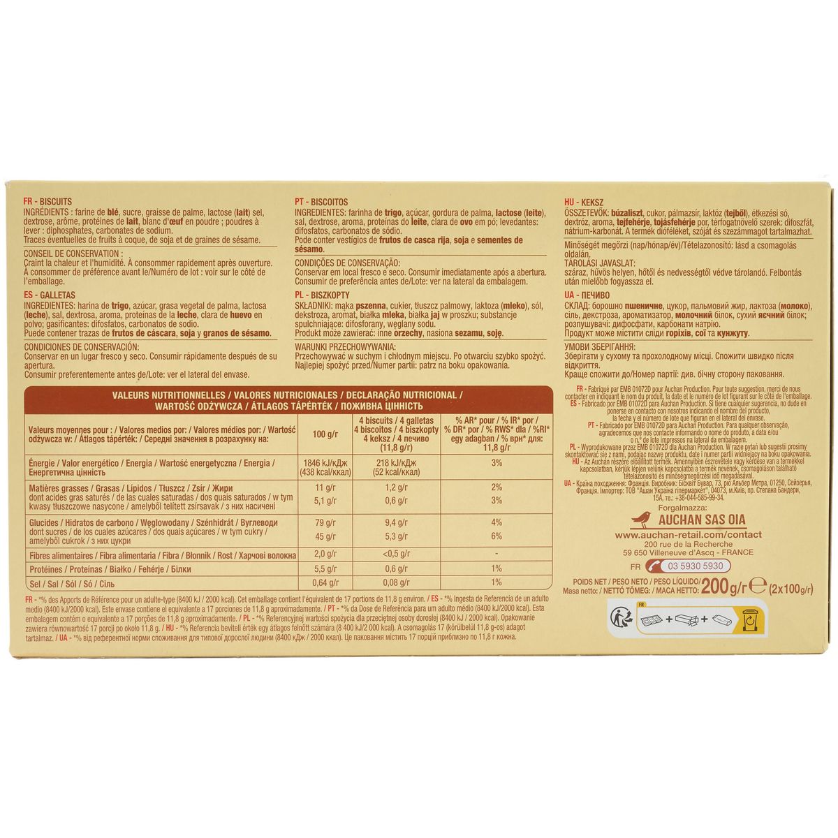 AUCHAN Langues de chat dégustation sachets fraîcheur 2x34 biscuits 2x100g