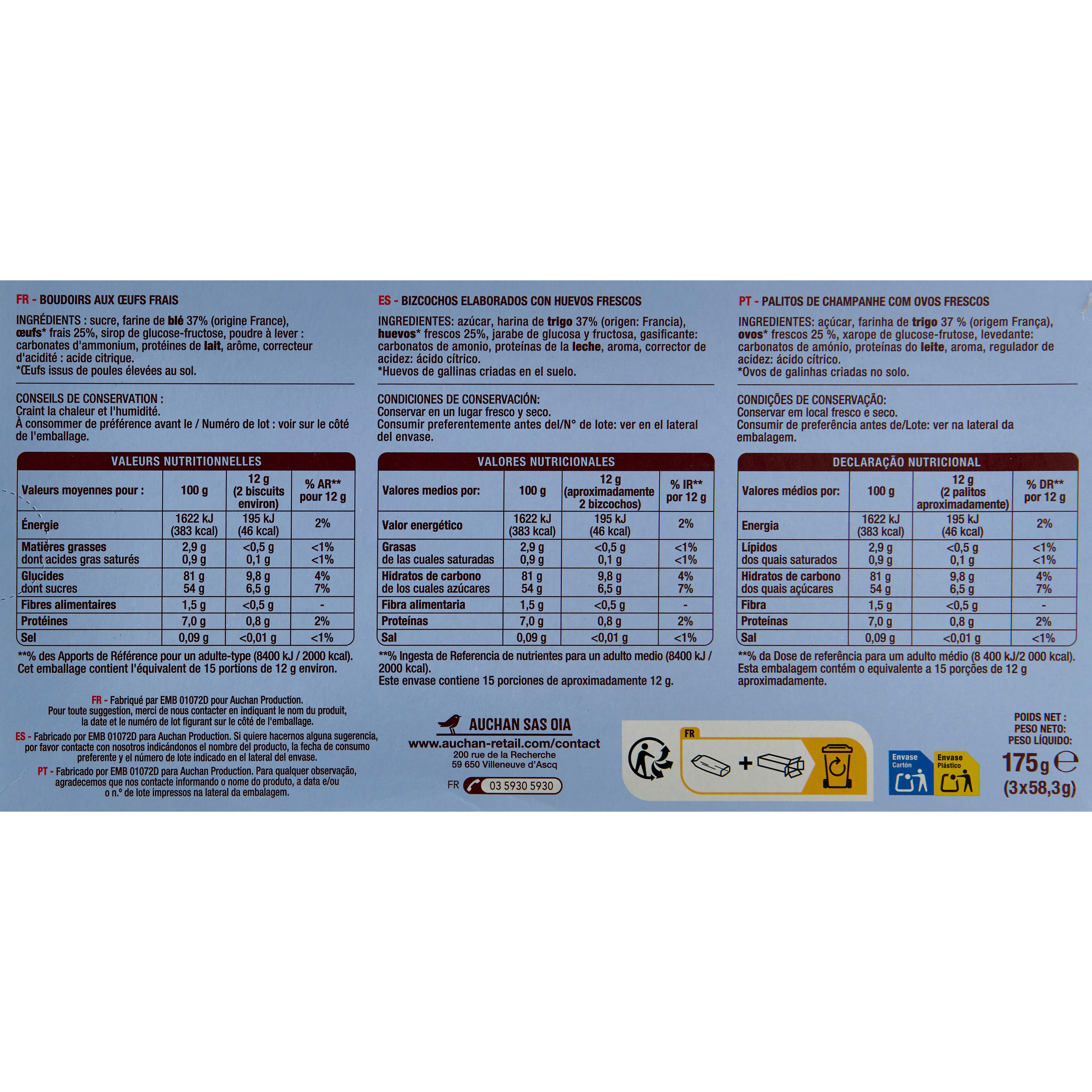 Voir la diapositive 2 : AUCHAN Boudoirs aux œufs frais sachets fraîcheur 3x10 biscuits 175g