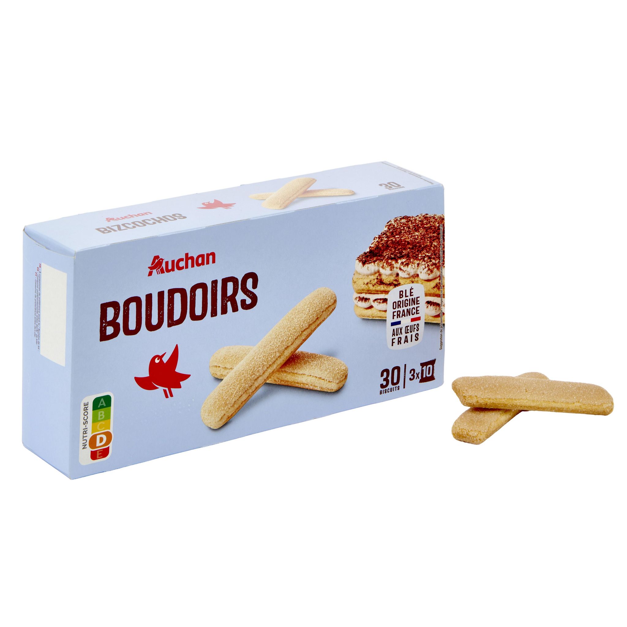 Voir la diapositive 2 : AUCHAN Boudoirs aux œufs frais sachets fraîcheur 3x10 biscuits 175g