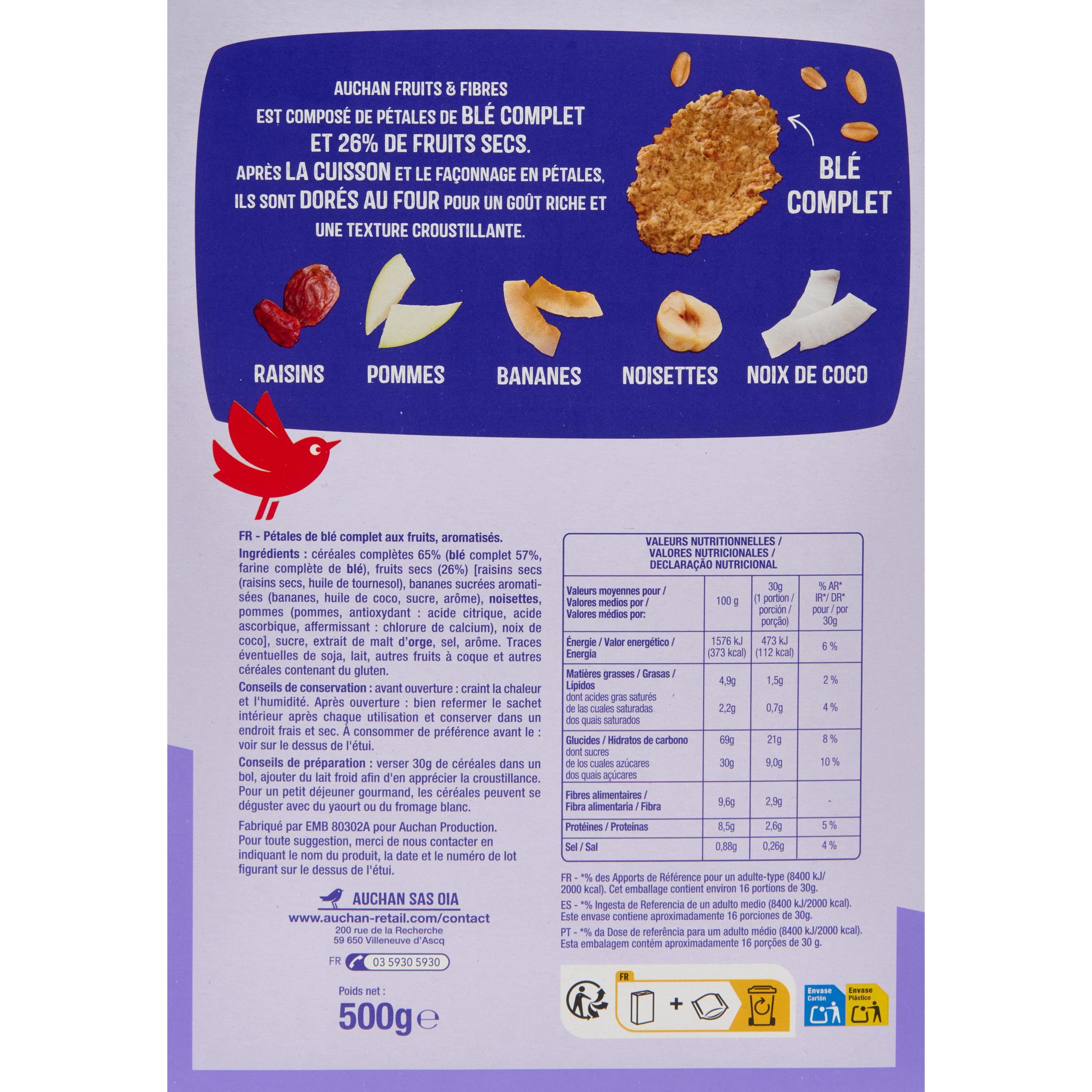 Voir la diapositive 4 : AUCHAN Fruits & fibres céréales aux fruits 500g
