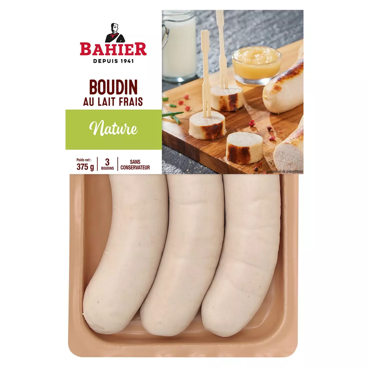 BAHIER Boudin blanc au lait frais nature 3 pièces 375g
