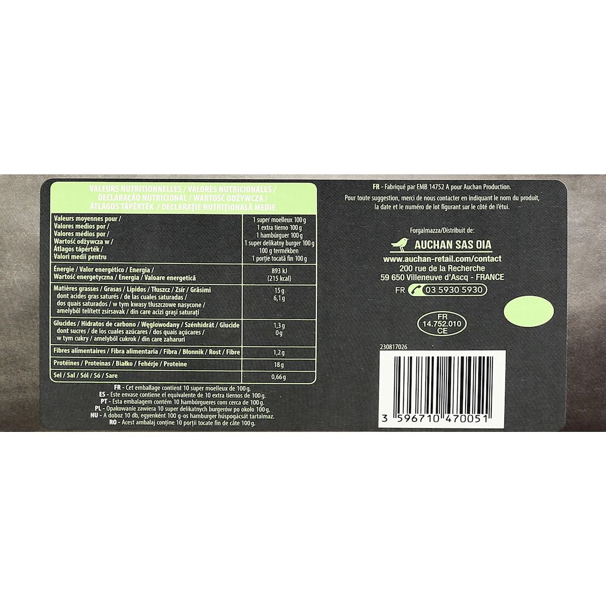 AUCHAN Hachés super moelleux 15% mg 10 pièces 1kg