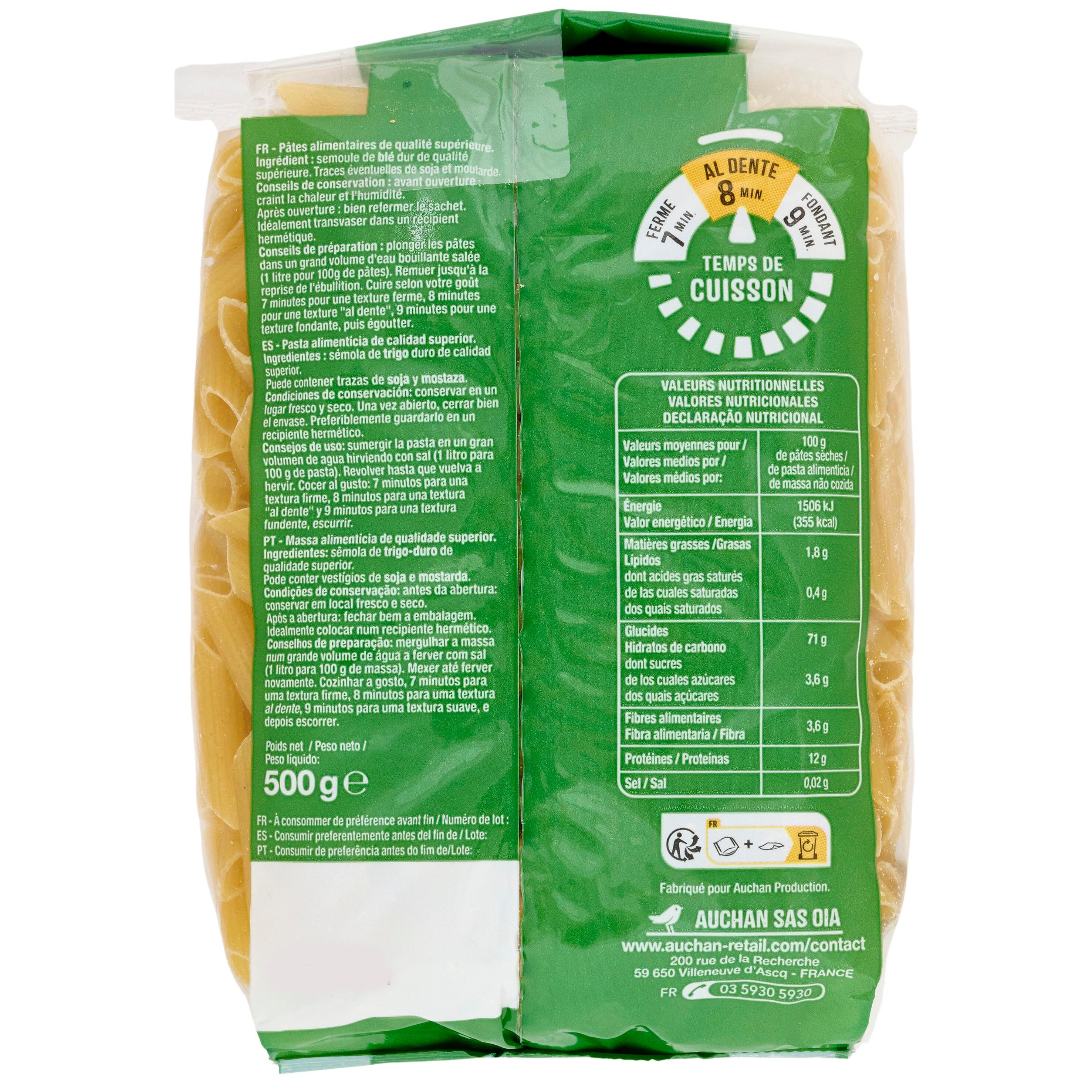 Voir la diapositive 2 : AUCHAN Penne rigate 500g