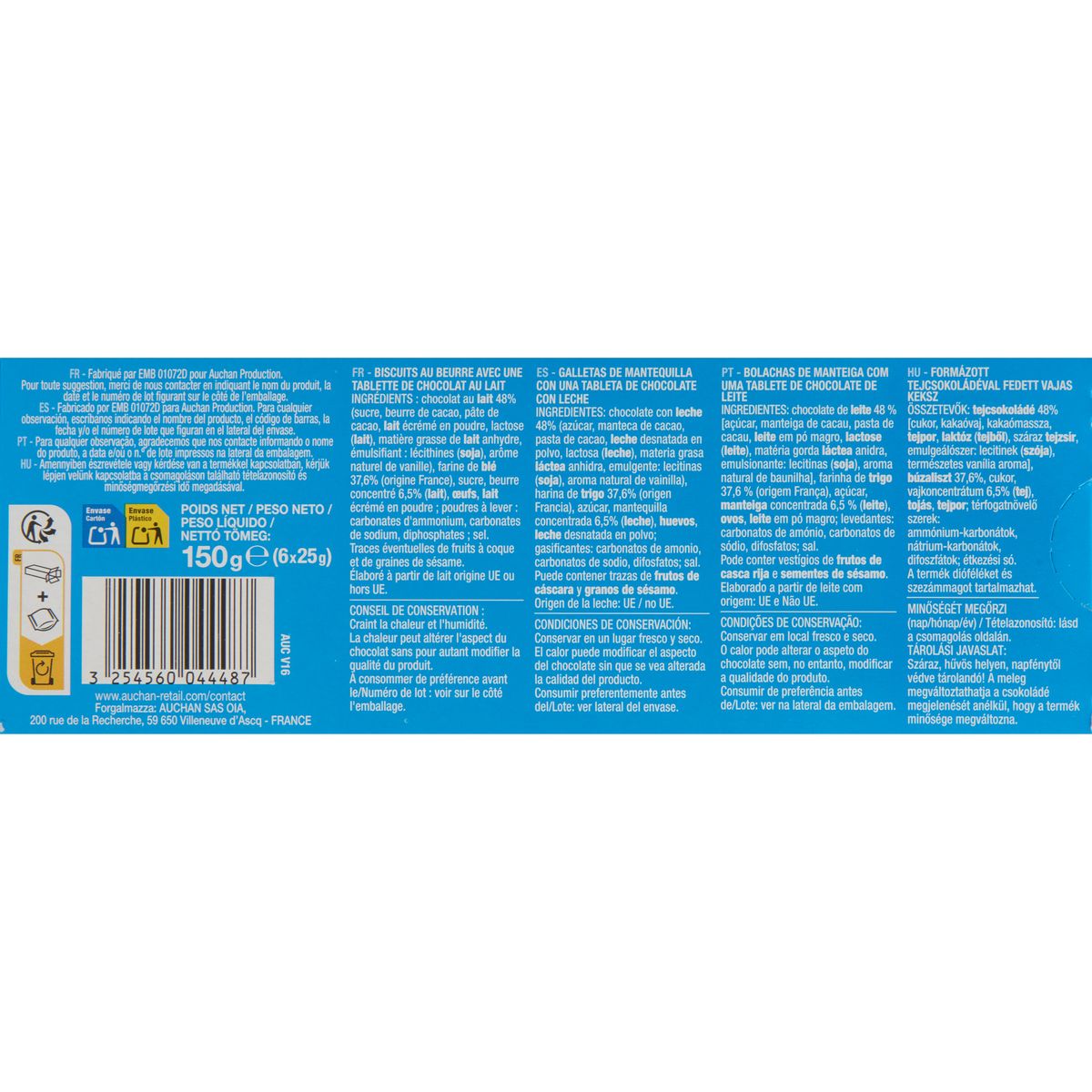 AUCHAN Biscuits petit beurre avec tablette de chocolat au lait sachets fraîcheur 2x6 biscuits 150g