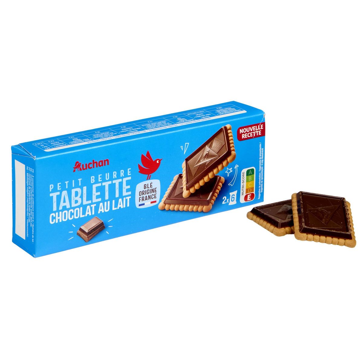 AUCHAN Biscuits petit beurre avec tablette de chocolat au lait sachets fraîcheur 2x6 biscuits 150g