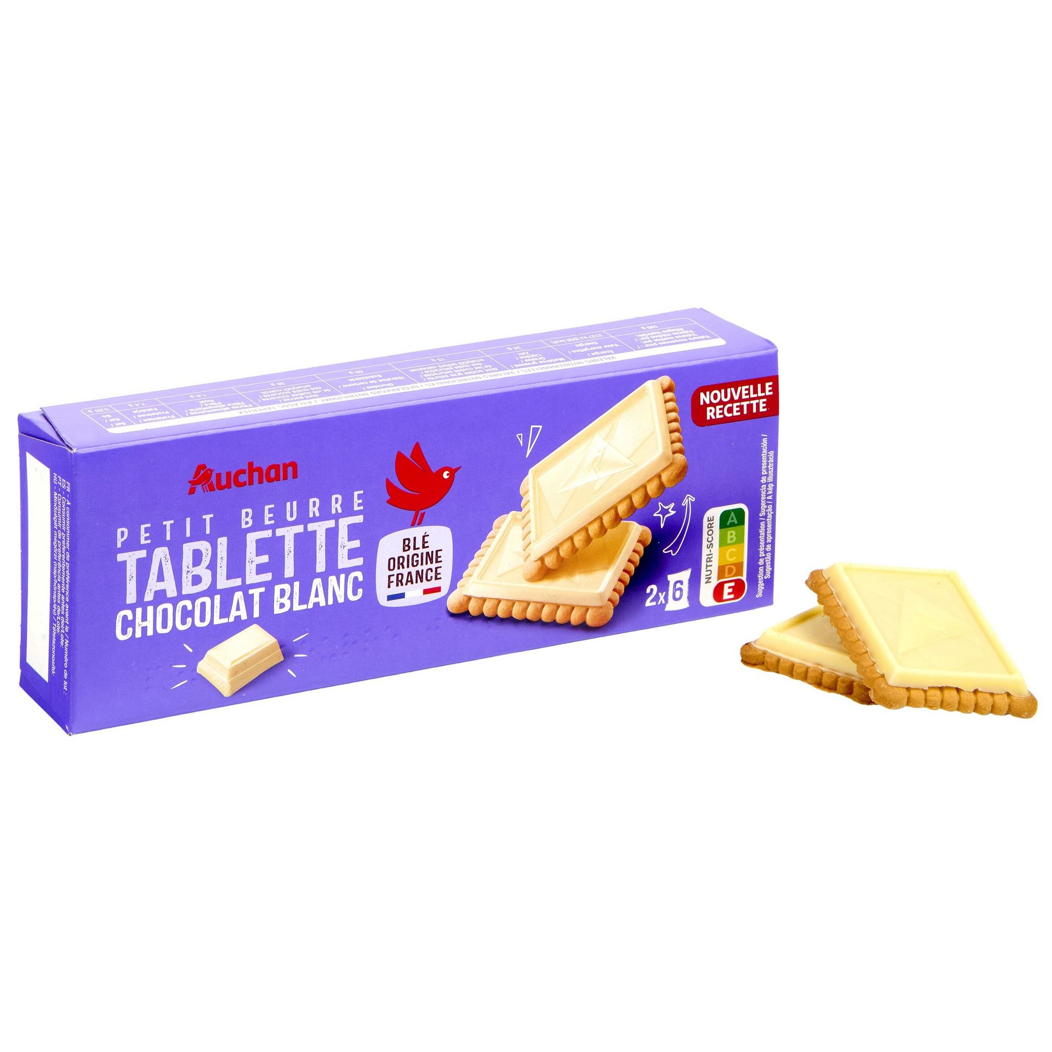 Voir la diapositive 2 : AUCHAN Petits beurre avec tablette de chocolat blanc sachets fraîcheur 2x6 biscuits 150g