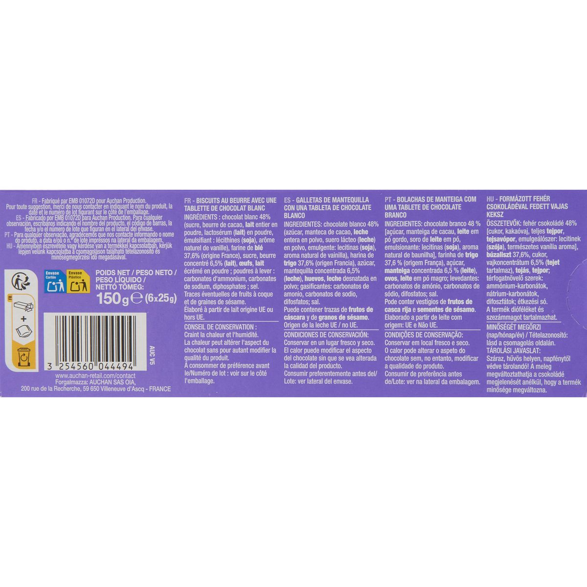 AUCHAN Petits beurre avec tablette de chocolat blanc sachets fraîcheur 2x6 biscuits 150g