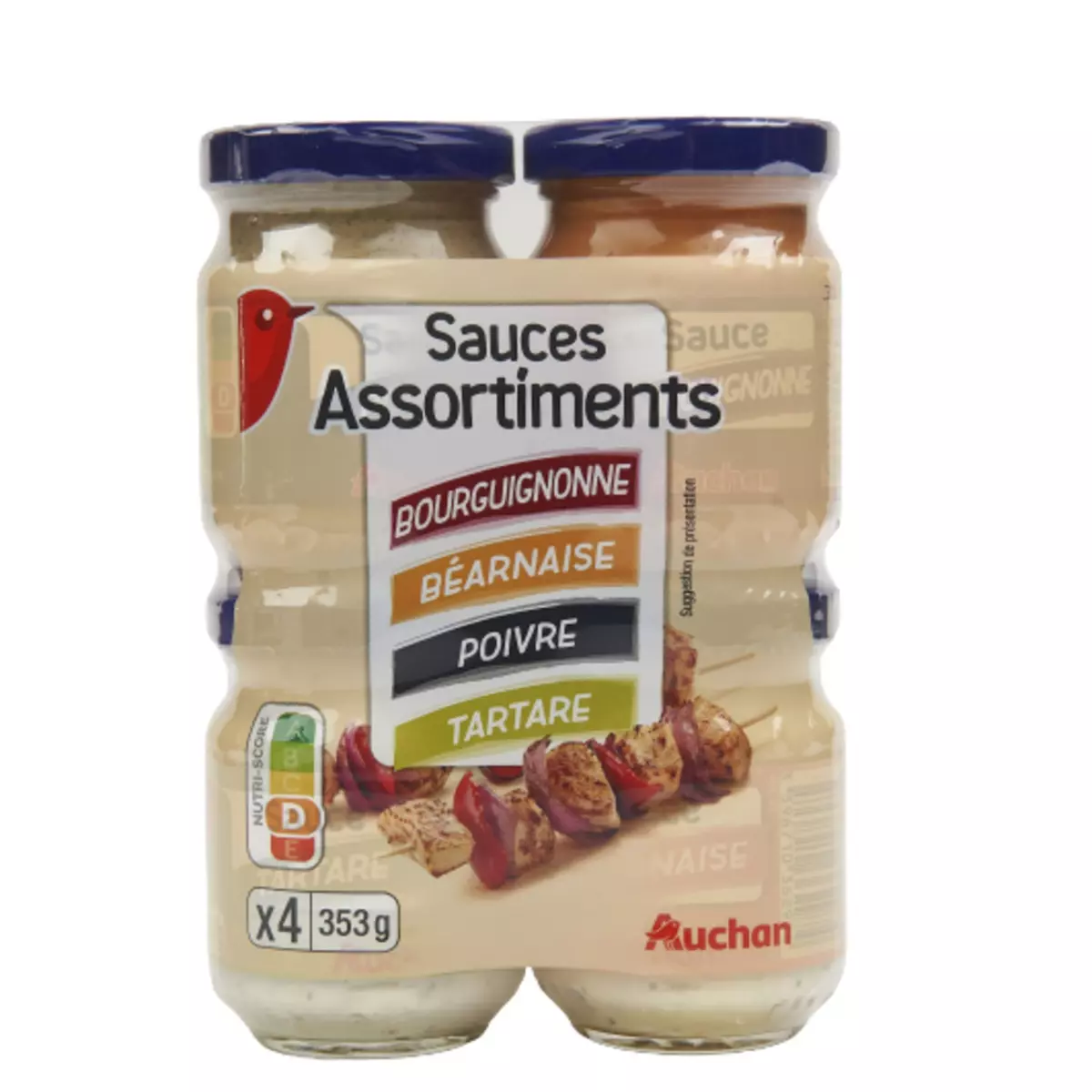 AUCHAN Assortiment sauces bourguignonne béarnaise poivre tartare 4 pièces 353g