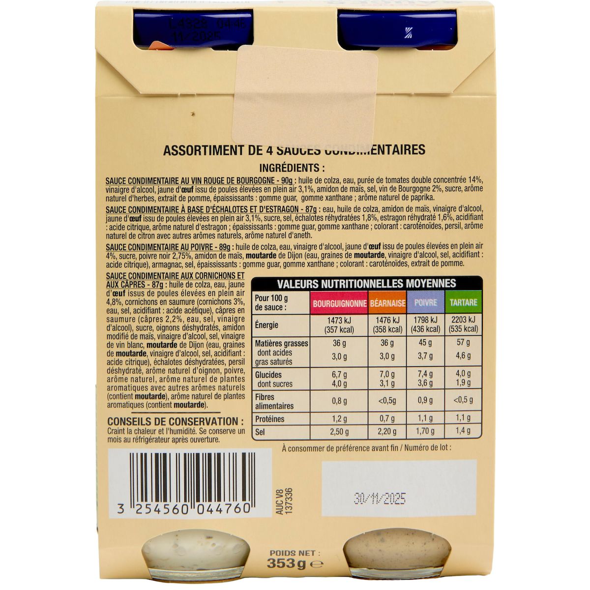 AUCHAN Assortiment sauces bourguignonne béarnaise poivre tartare 4 pièces 353g