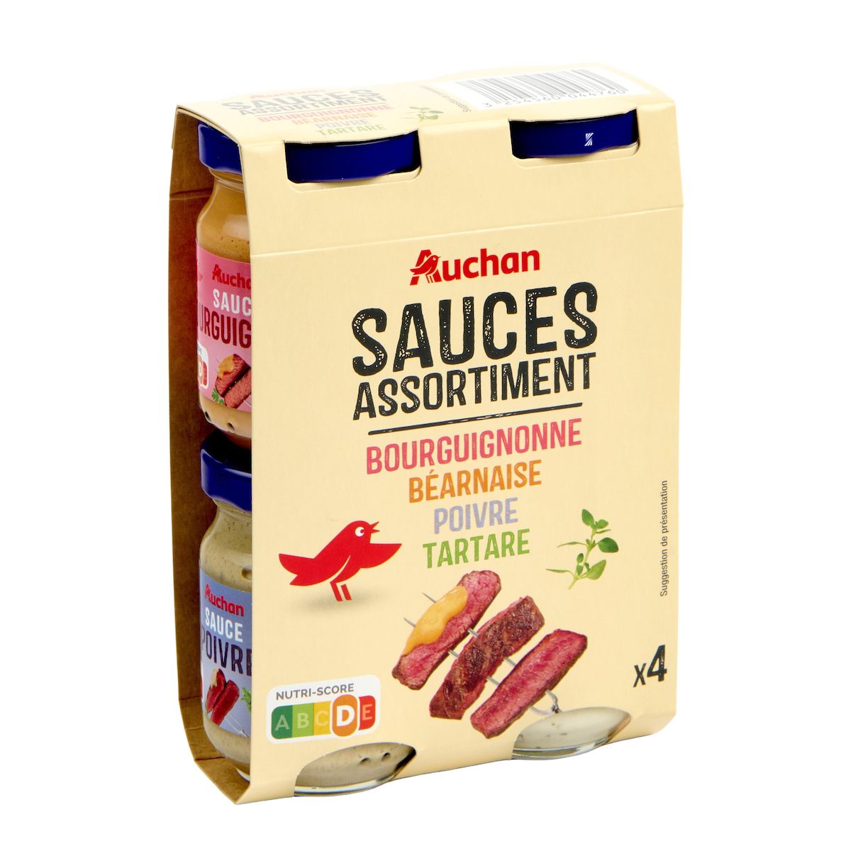 AUCHAN Assortiment sauces bourguignonne béarnaise poivre tartare 4 pièces 353g