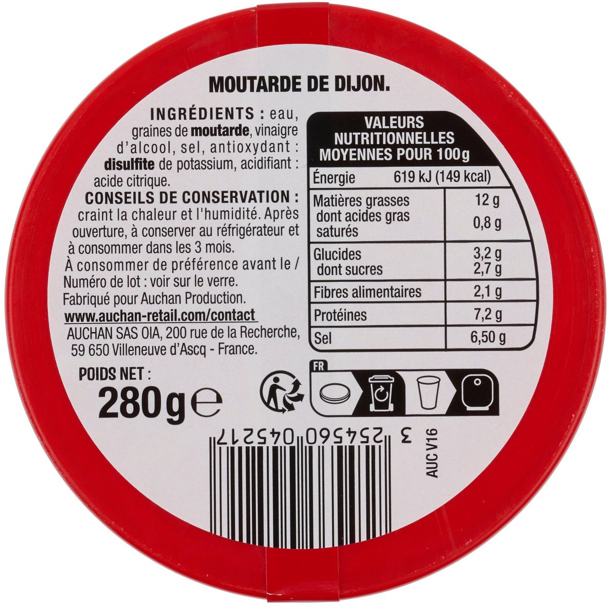 AUCHAN Moutarde de Dijon forte verre whisky 280g