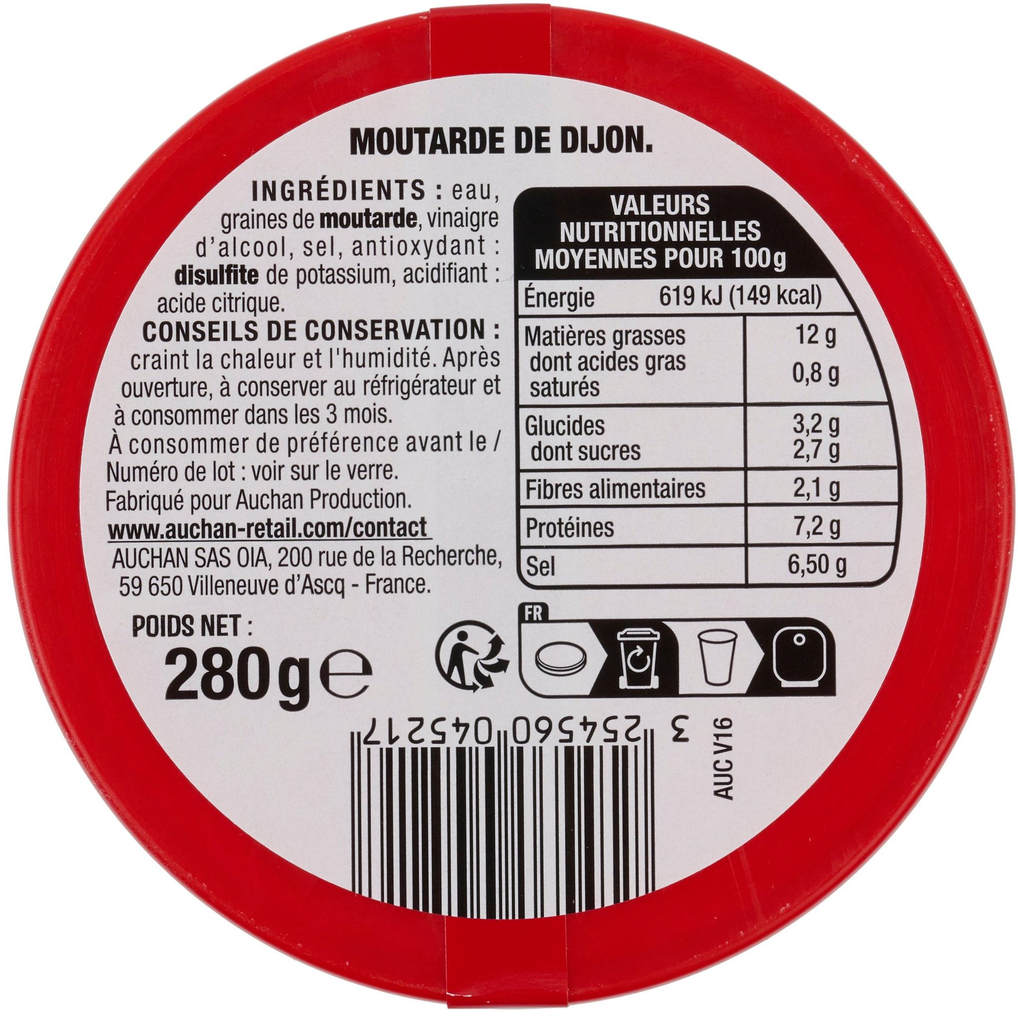 Voir la diapositive 3 : AUCHAN Moutarde de Dijon forte verre whisky 280g