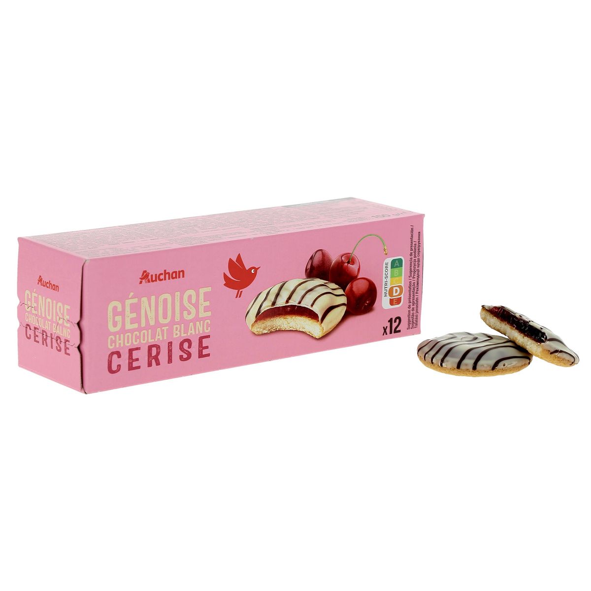 AUCHAN Génoises nappées de chocolat blanc saveur cerise 12 biscuits 150g