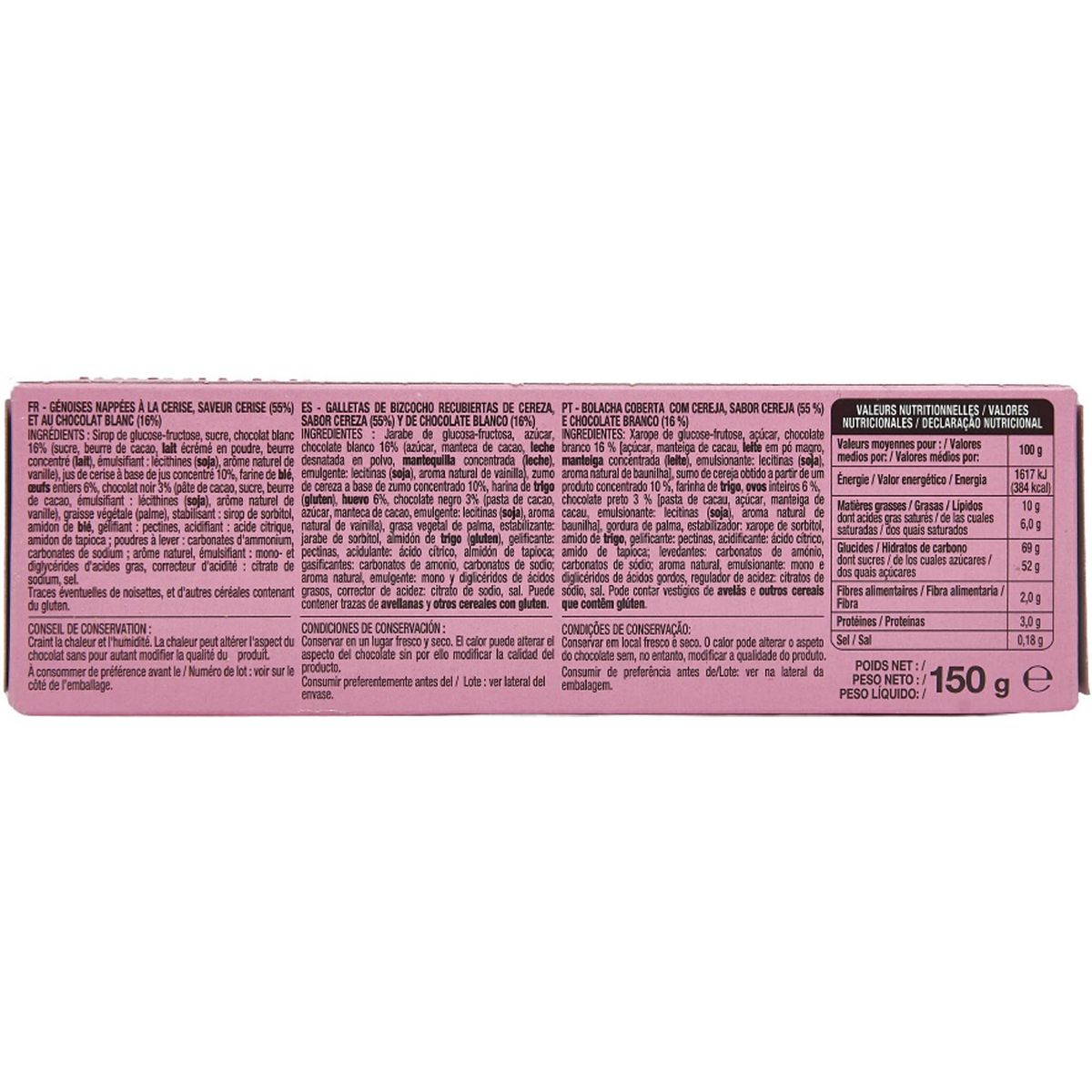 AUCHAN Génoises nappées de chocolat blanc saveur cerise 12 biscuits 150g