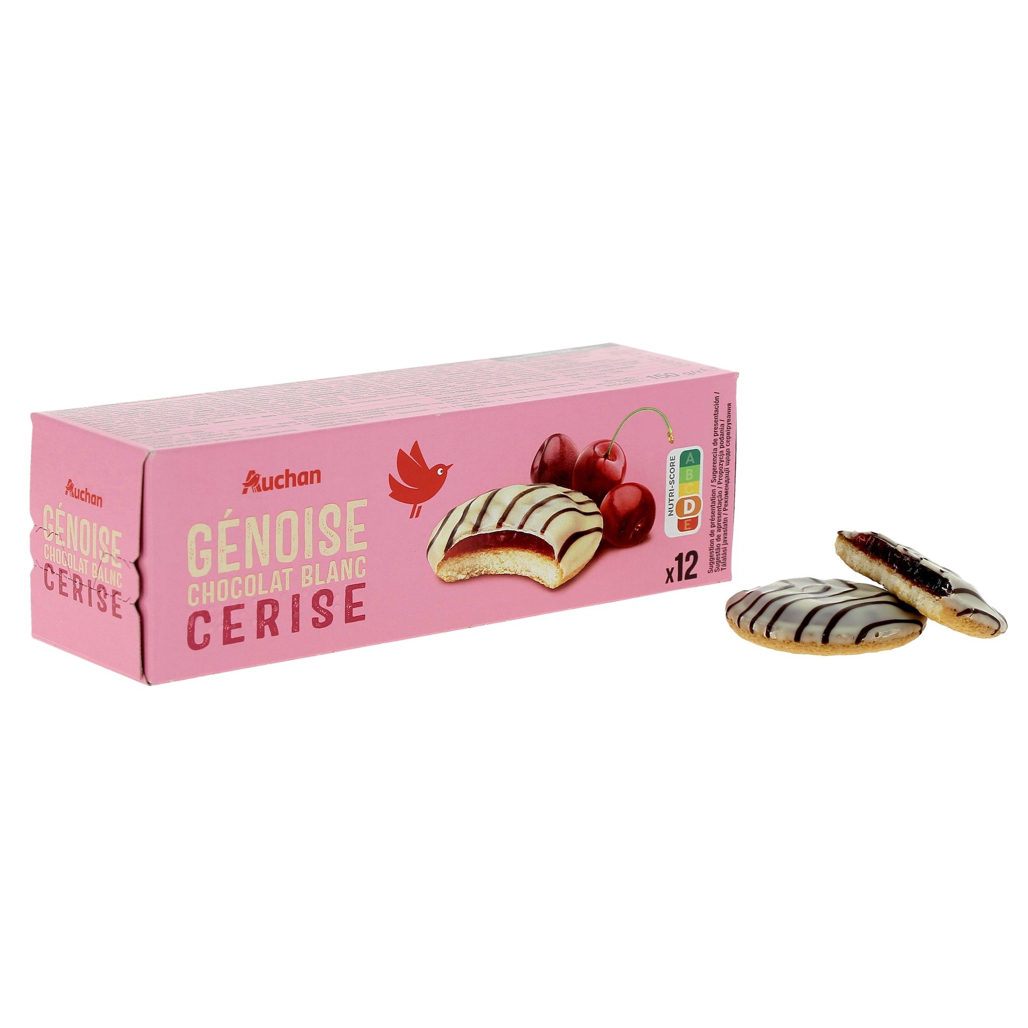Voir la diapositive 3 : AUCHAN Génoises nappées de chocolat blanc saveur cerise 12 biscuits 150g