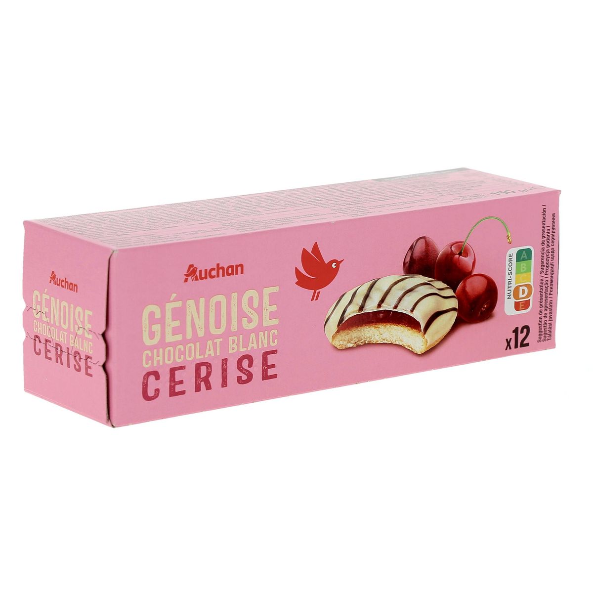 AUCHAN Génoises nappées de chocolat blanc saveur cerise 12 biscuits 150g