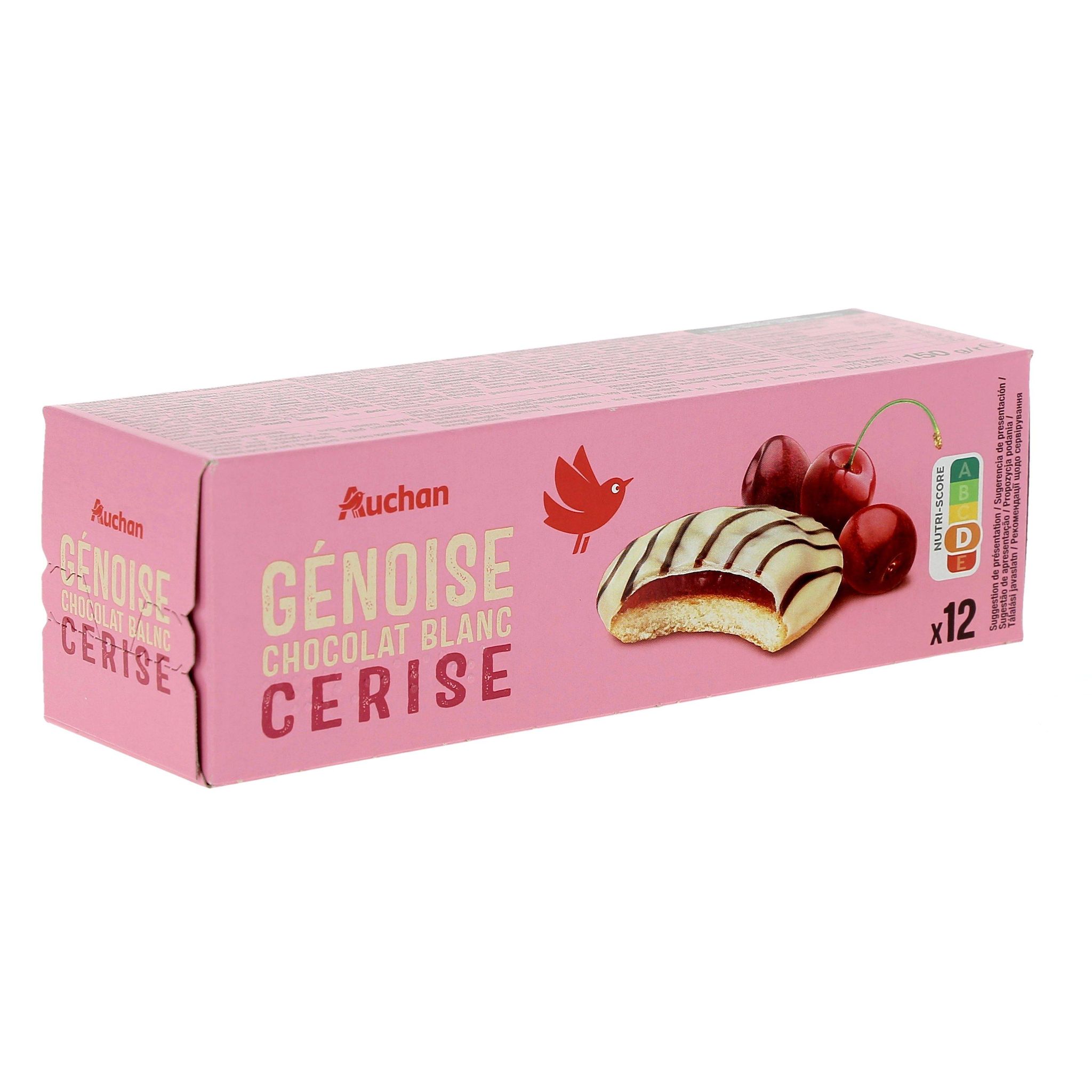 Voir la diapositive 5 : AUCHAN Génoises nappées de chocolat blanc saveur cerise 12 biscuits 150g