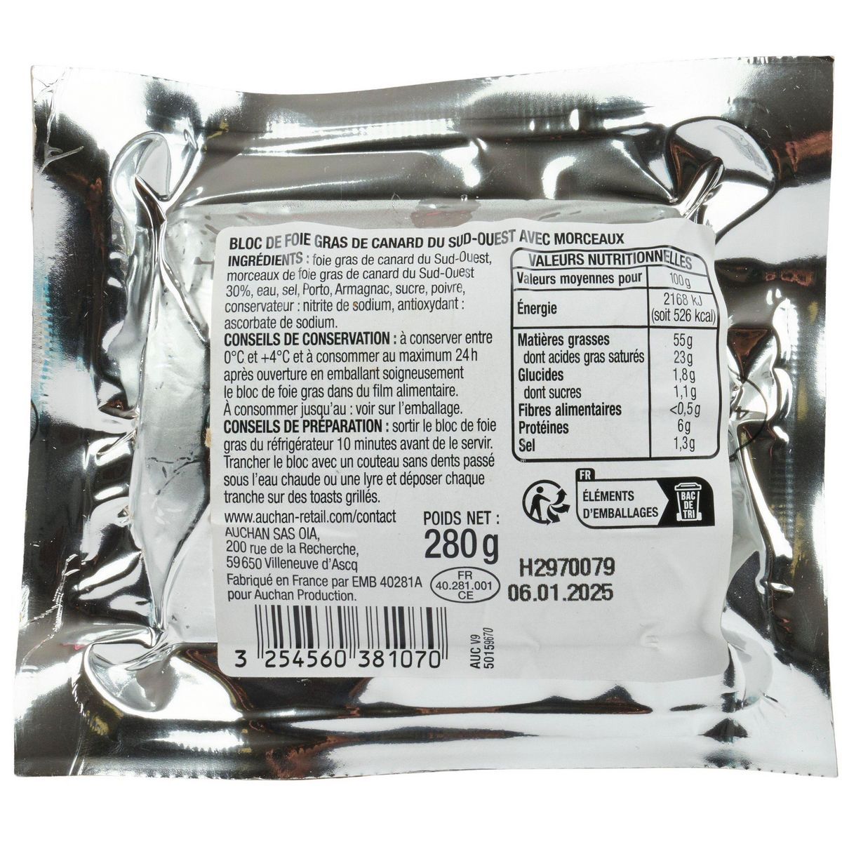 AUCHAN Bloc de foie gras de canard du Sud-Ouest IGP avec morceaux 7 parts 280g