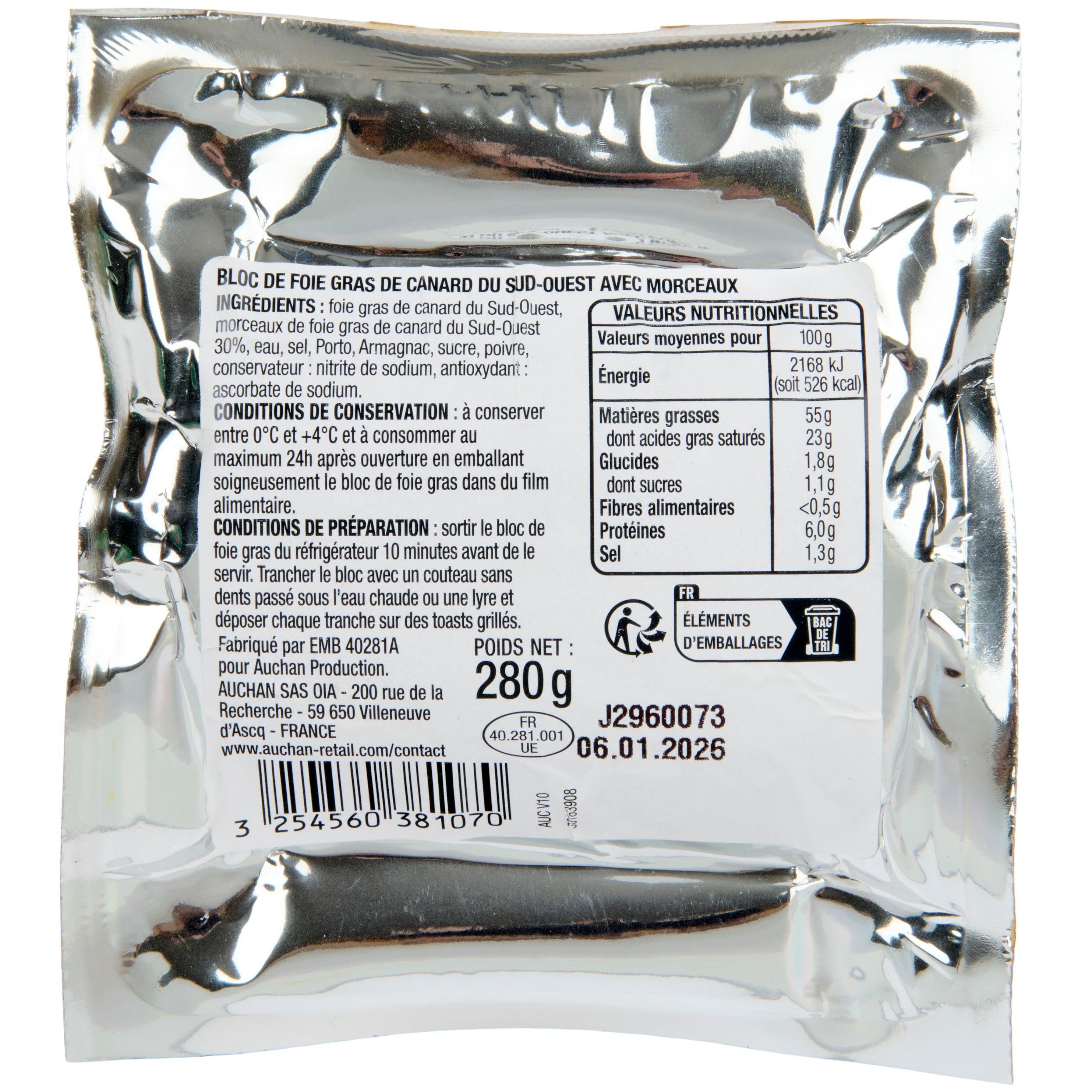 Voir la diapositive 4 : AUCHAN Bloc de foie gras de canard du Sud-Ouest IGP avec morceaux 7 parts 280g