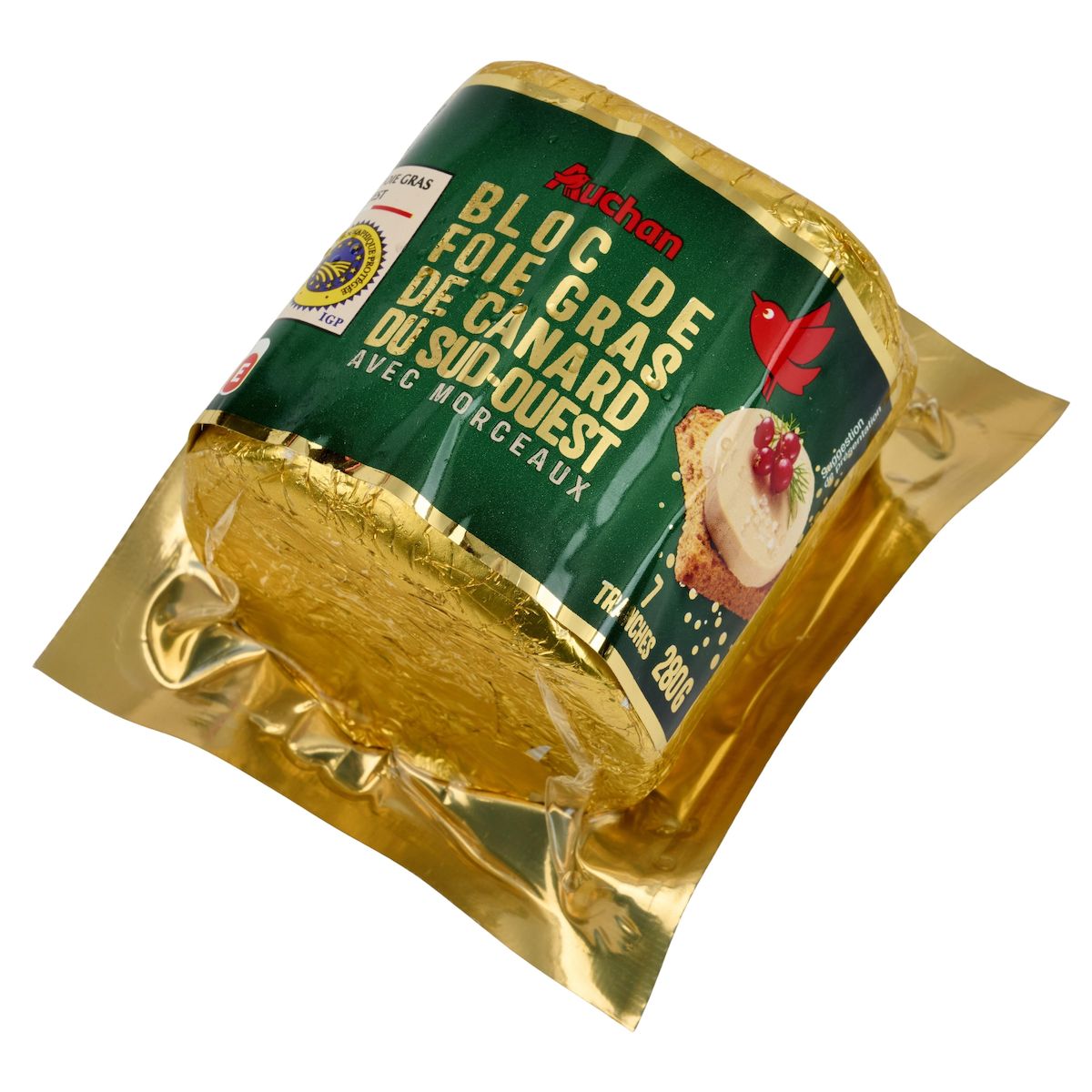 AUCHAN Bloc de foie gras de canard du Sud-Ouest IGP avec morceaux 7 parts 280g