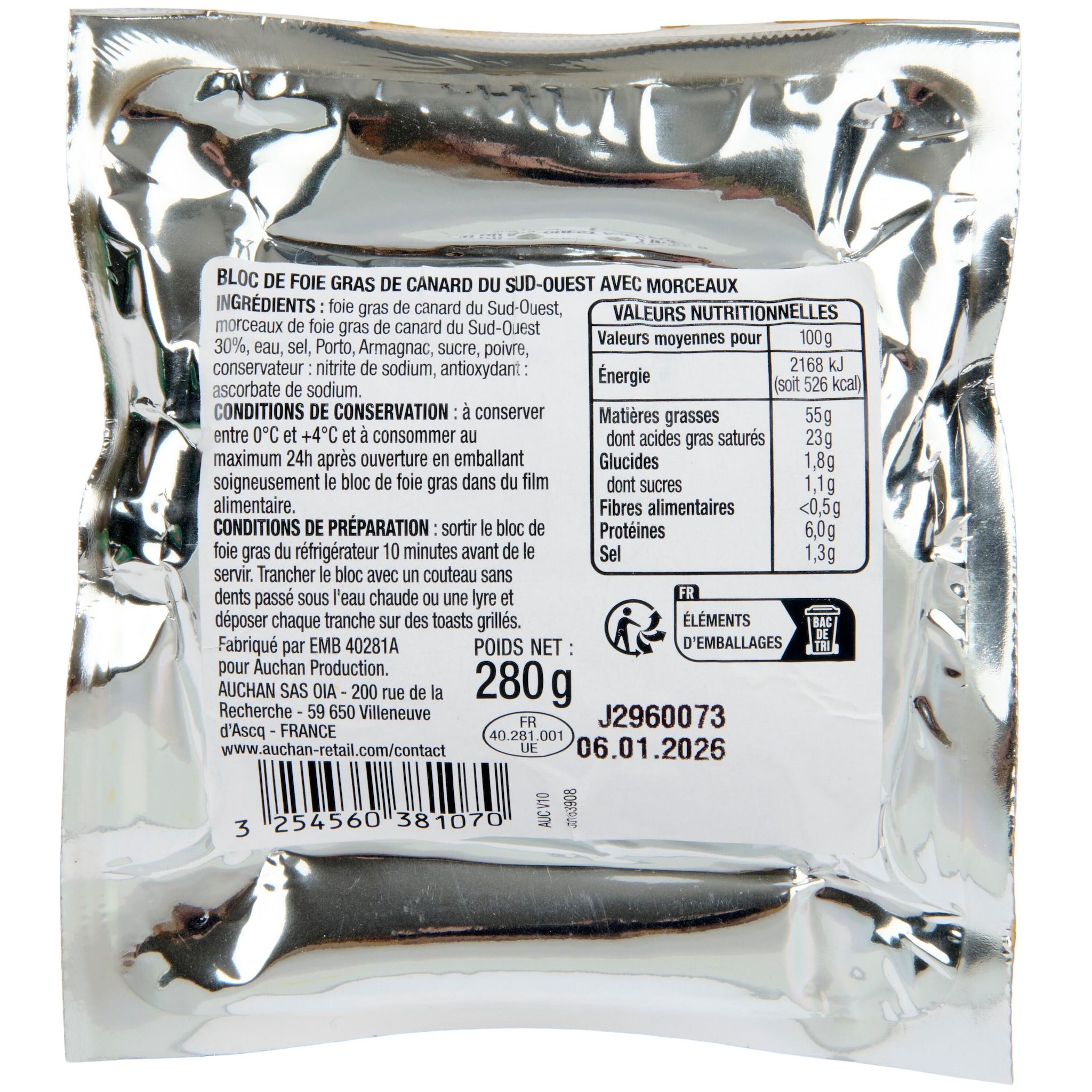 Voir la diapositive 4 : AUCHAN Bloc de foie gras de canard du Sud-Ouest IGP avec morceaux 7 parts 280g