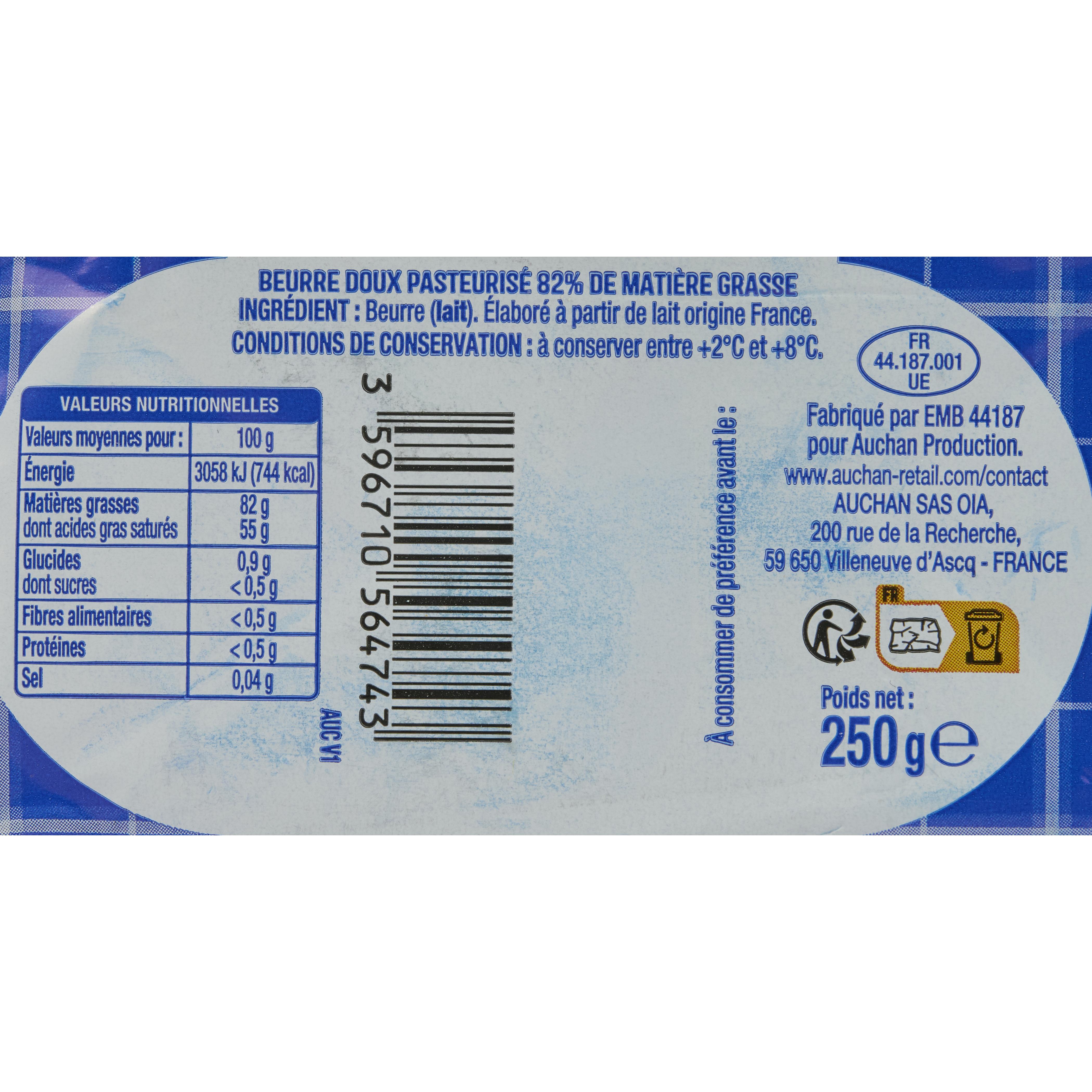Voir la diapositive 2 : AUCHAN Beurre moulé doux 83%MG 250g