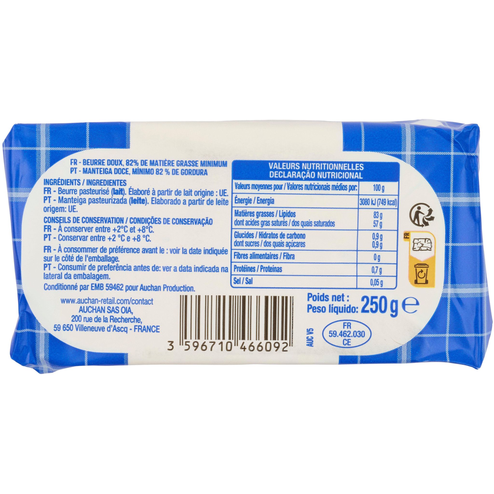 Voir la diapositive 3 : AUCHAN Beurre moulé doux 83%MG 250g