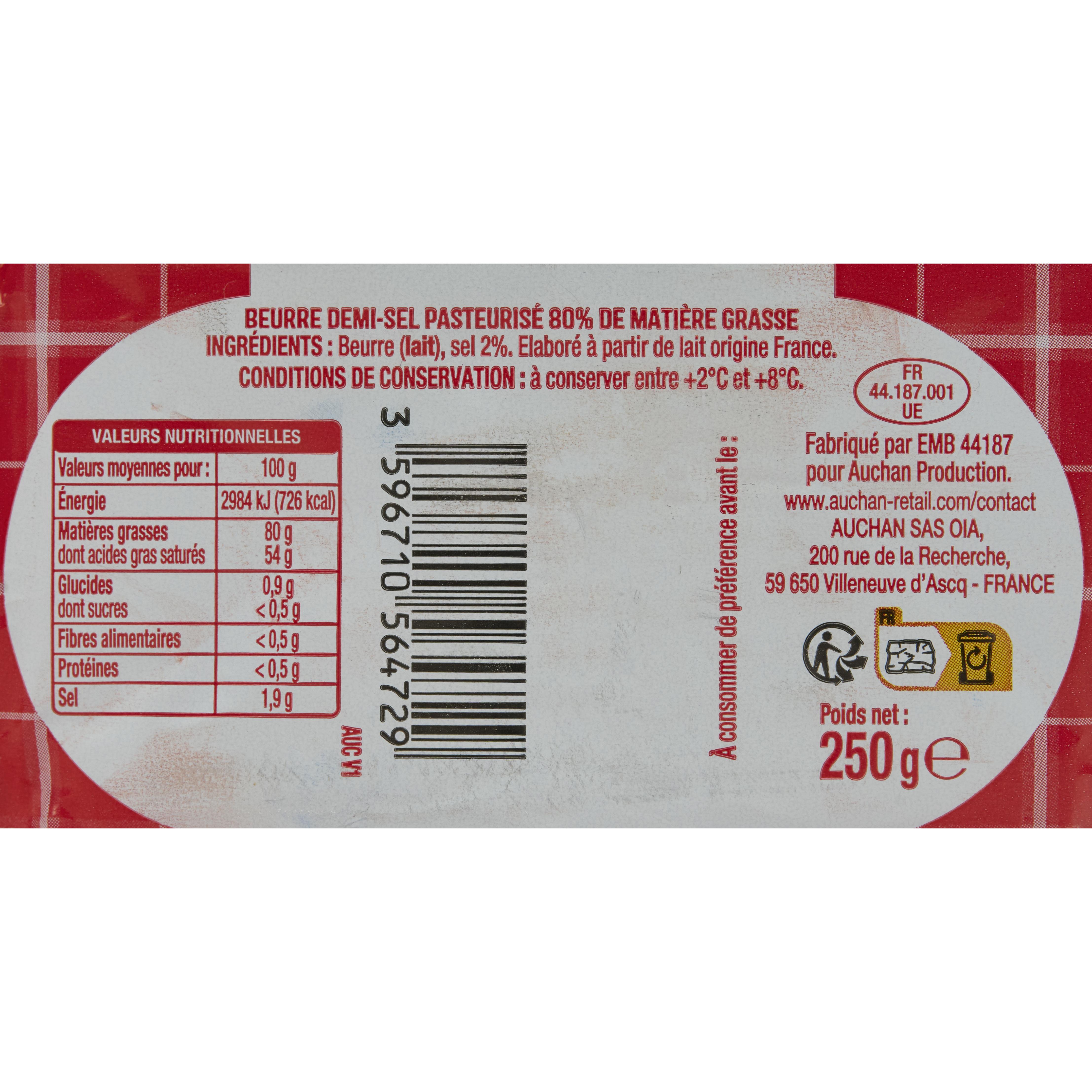 Voir la diapositive 2 : AUCHAN Beurre moulé demi-sel 81%MG 250g