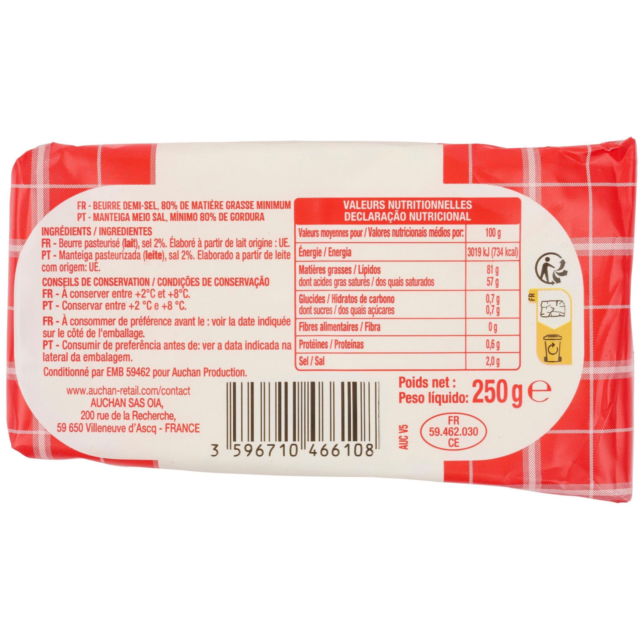 Voir la diapositive 3 : AUCHAN Beurre moulé demi-sel 81%MG 250g