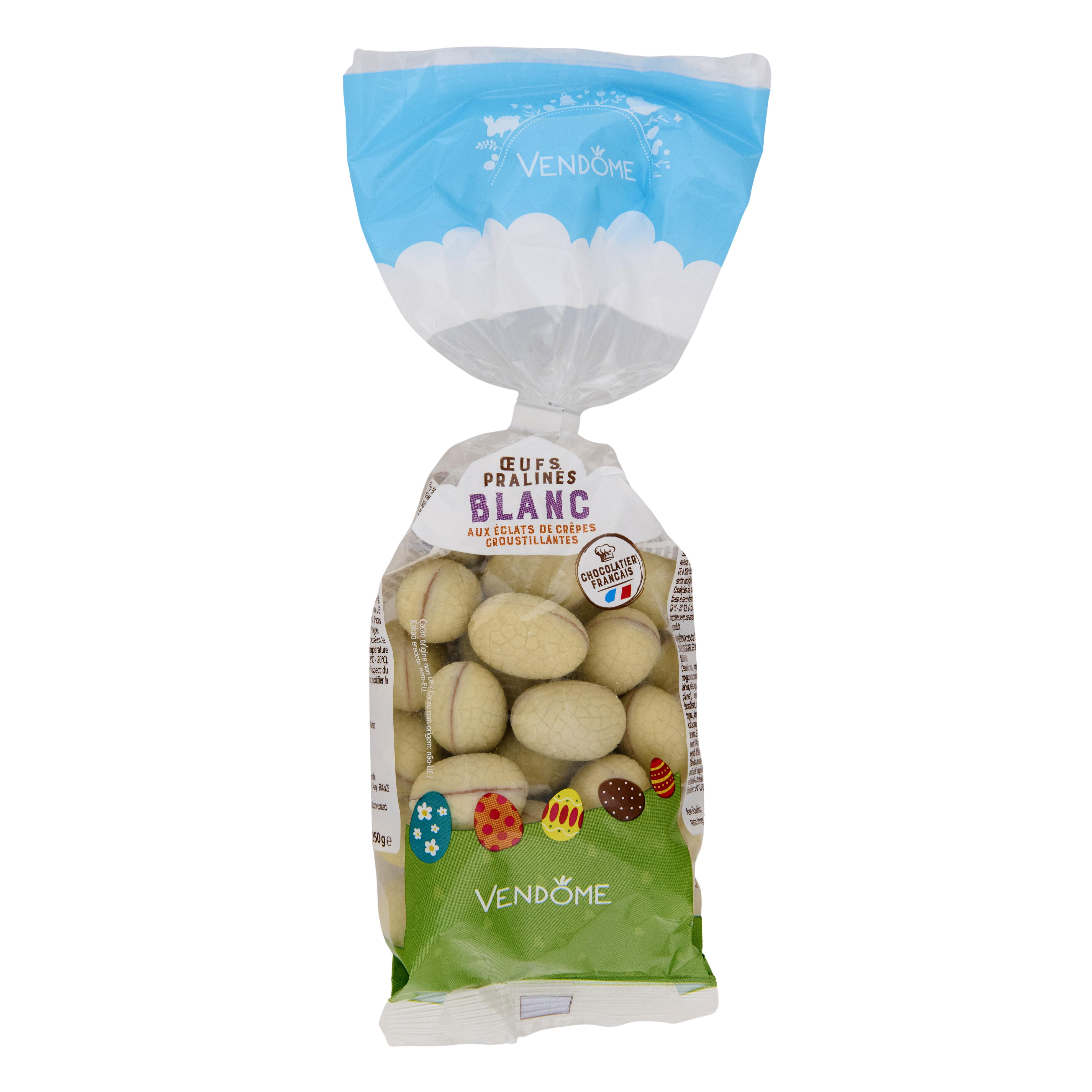 Voir la diapositive 2 : VENDOME Œufs chocolat blanc praliné au éclats de noisettes caramélisés 250g