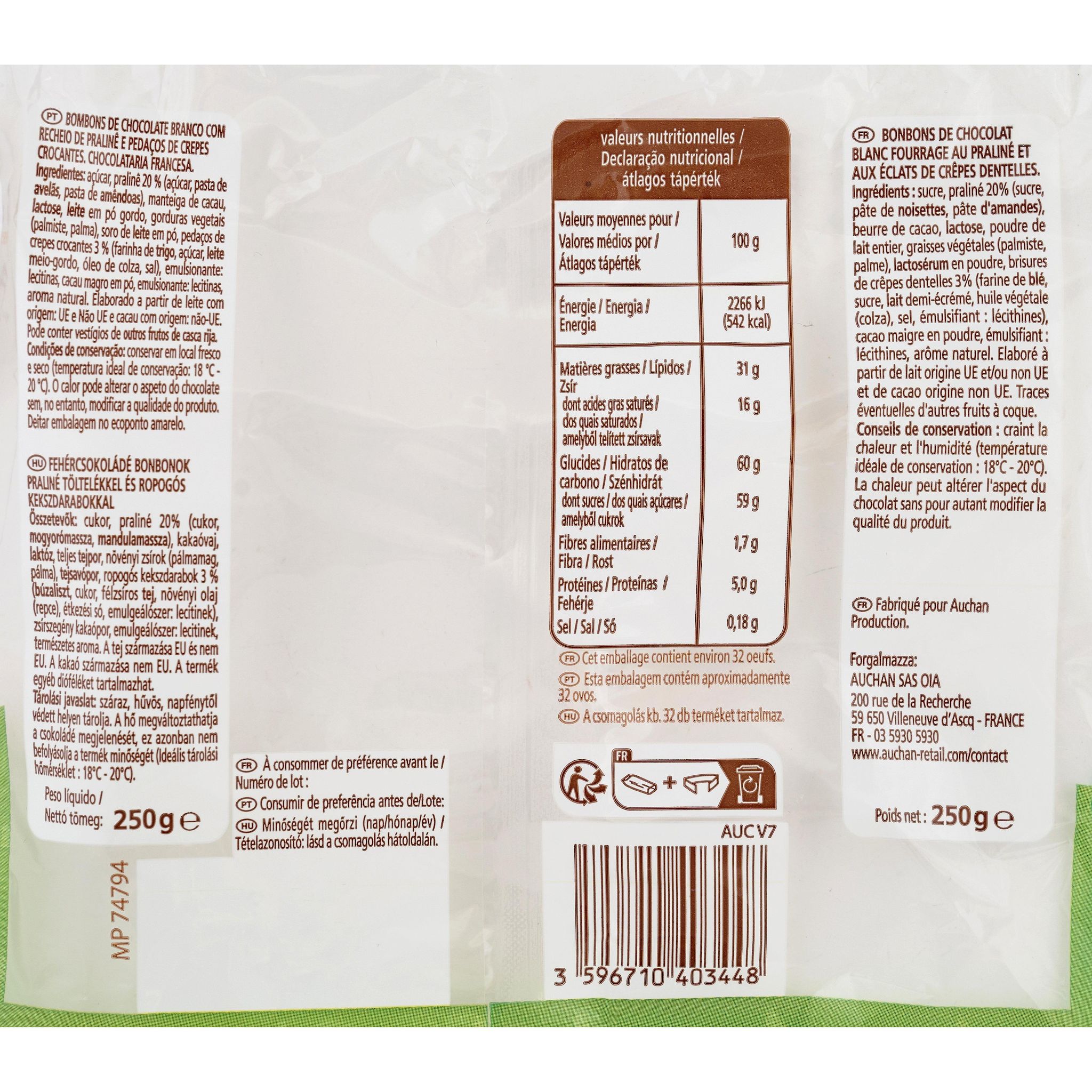 Voir la diapositive 2 : VENDOME Œufs chocolat blanc praliné au éclats de noisettes caramélisés 250g