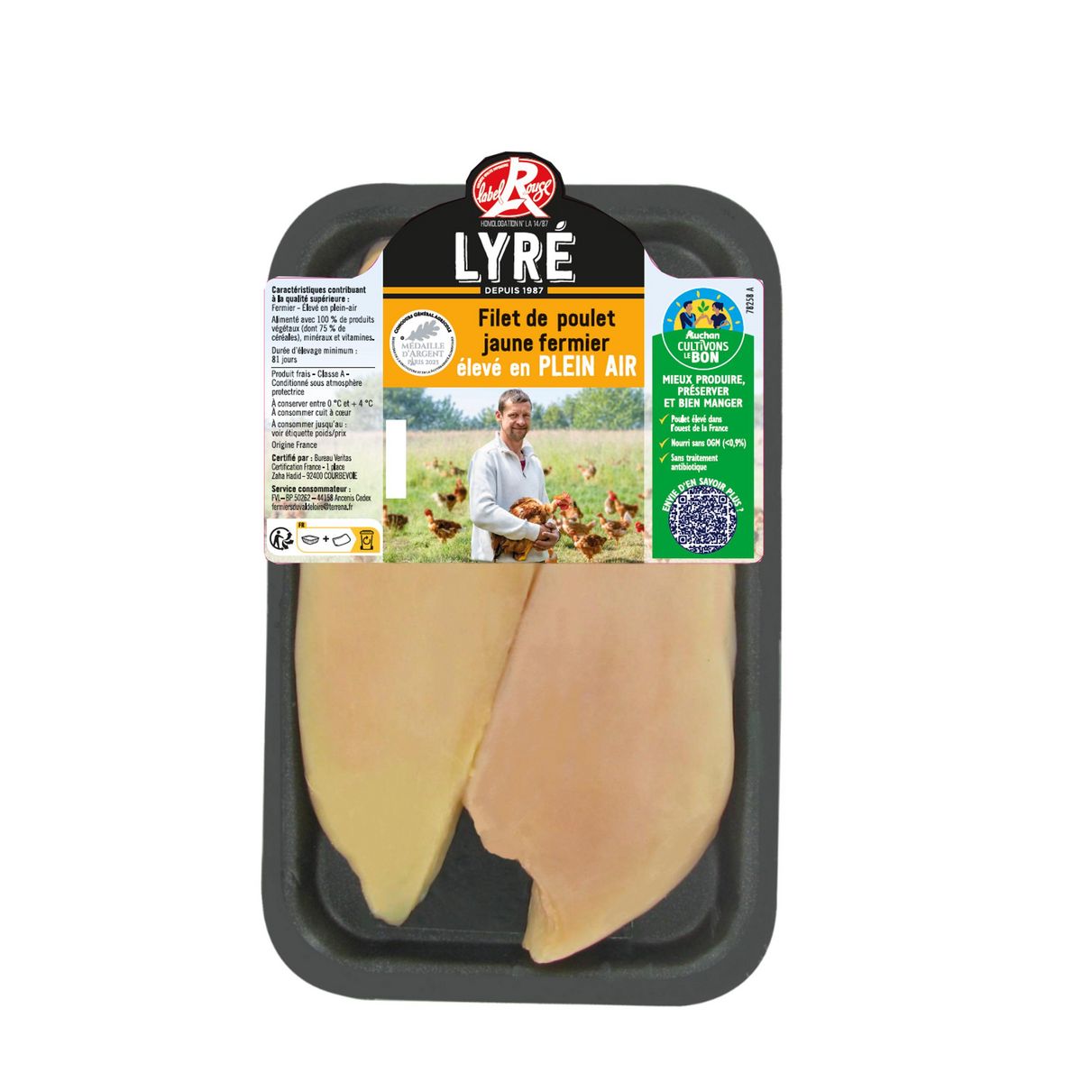 LYRE CULTIVONS LE BON Filet de poulet jaune fermier élevé en plein air 2 pièces Environ 250g