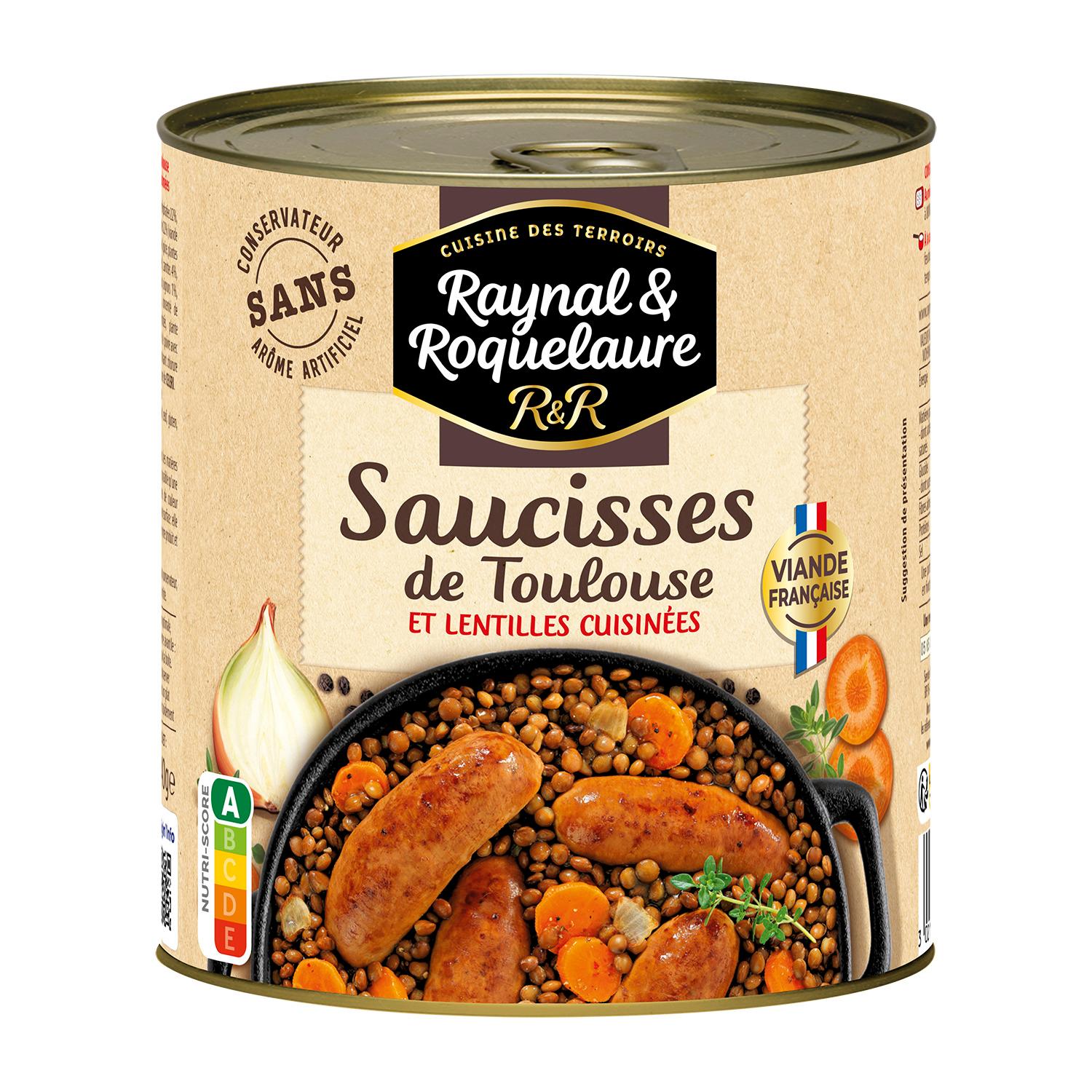 Voir la diapositive 2 : RAYNAL ET ROQUELAURE Saucisses de Toulouse et lentilles cuisinées en conserve 2 portions 840g