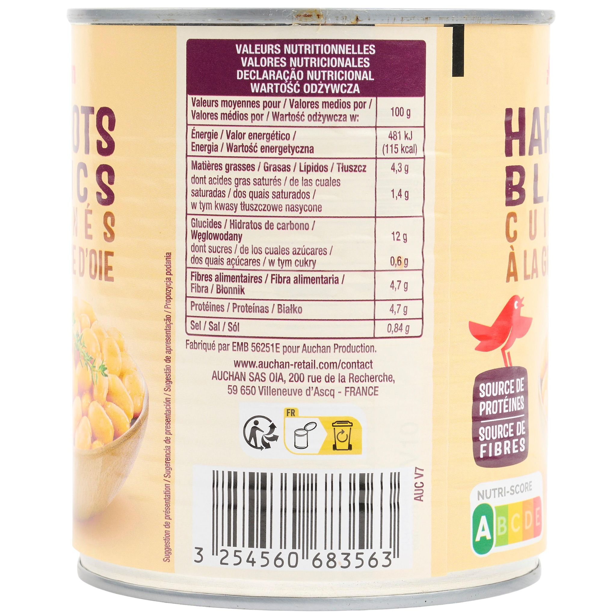 Voir la diapositive 2 : AUCHAN Haricots blancs cuisinés à la graisse d'oie 500g