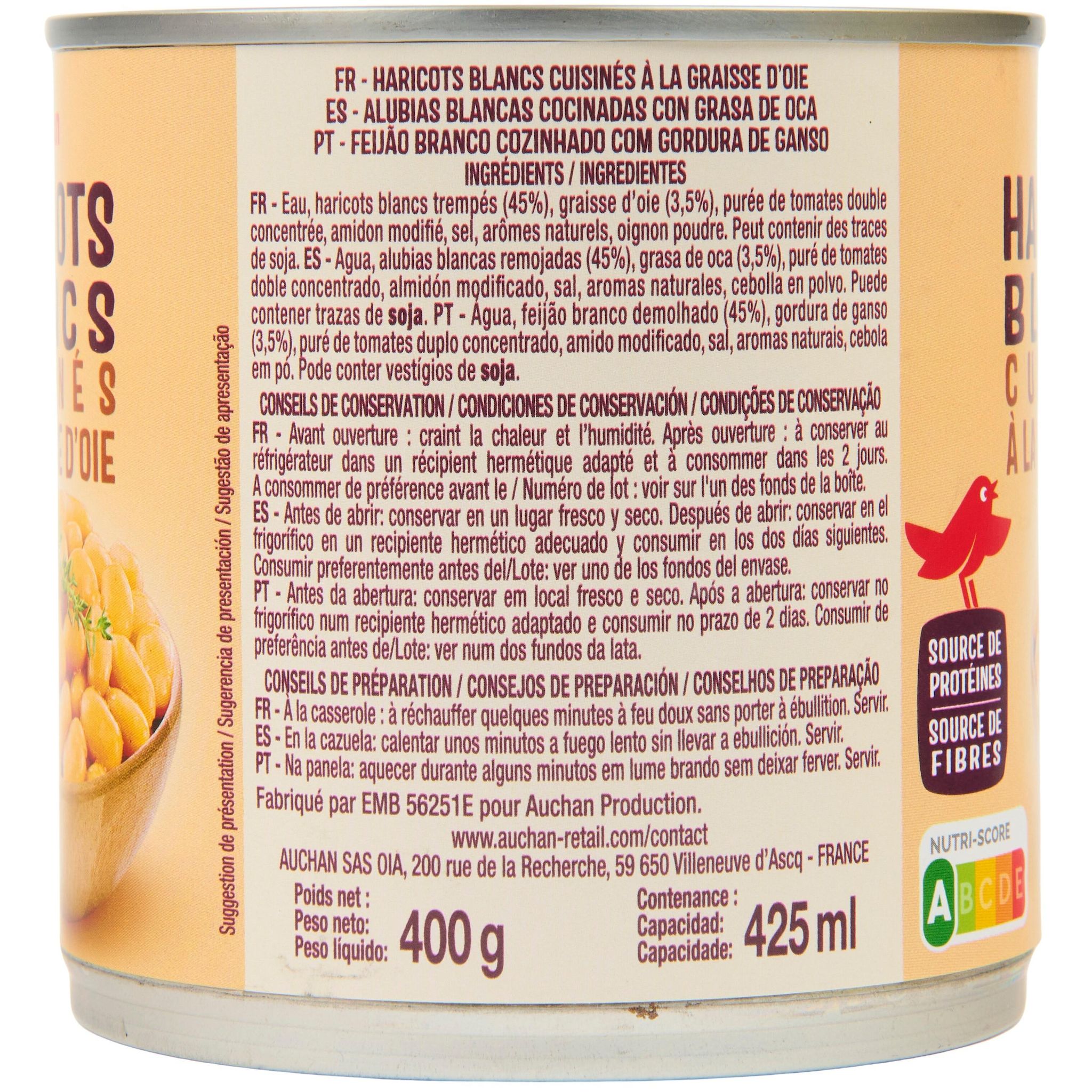Voir la diapositive 3 : AUCHAN Haricots blancs cuisinés à la graisse d'oie 400g