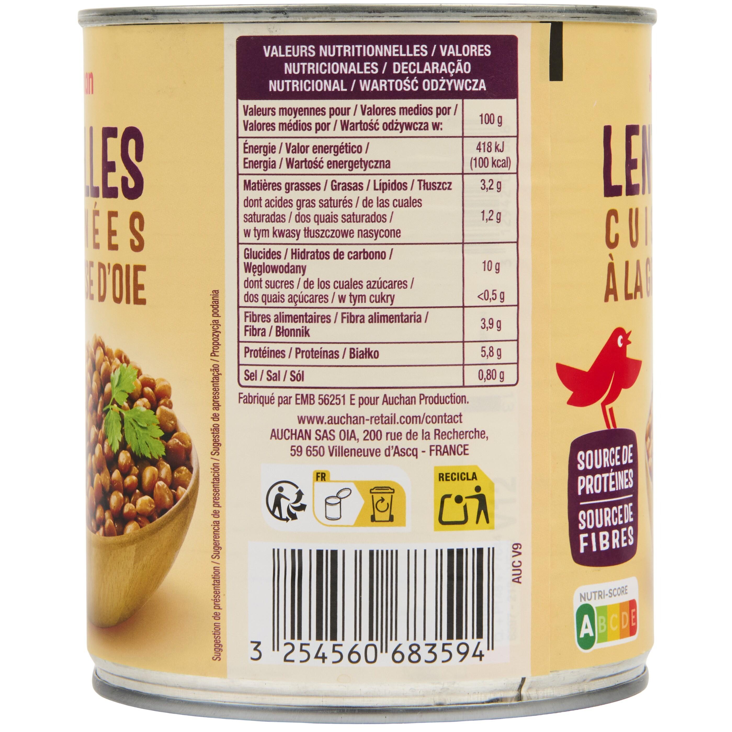 Voir la diapositive 3 : AUCHAN Lentilles cuisinées à la graisse d'oie 530g