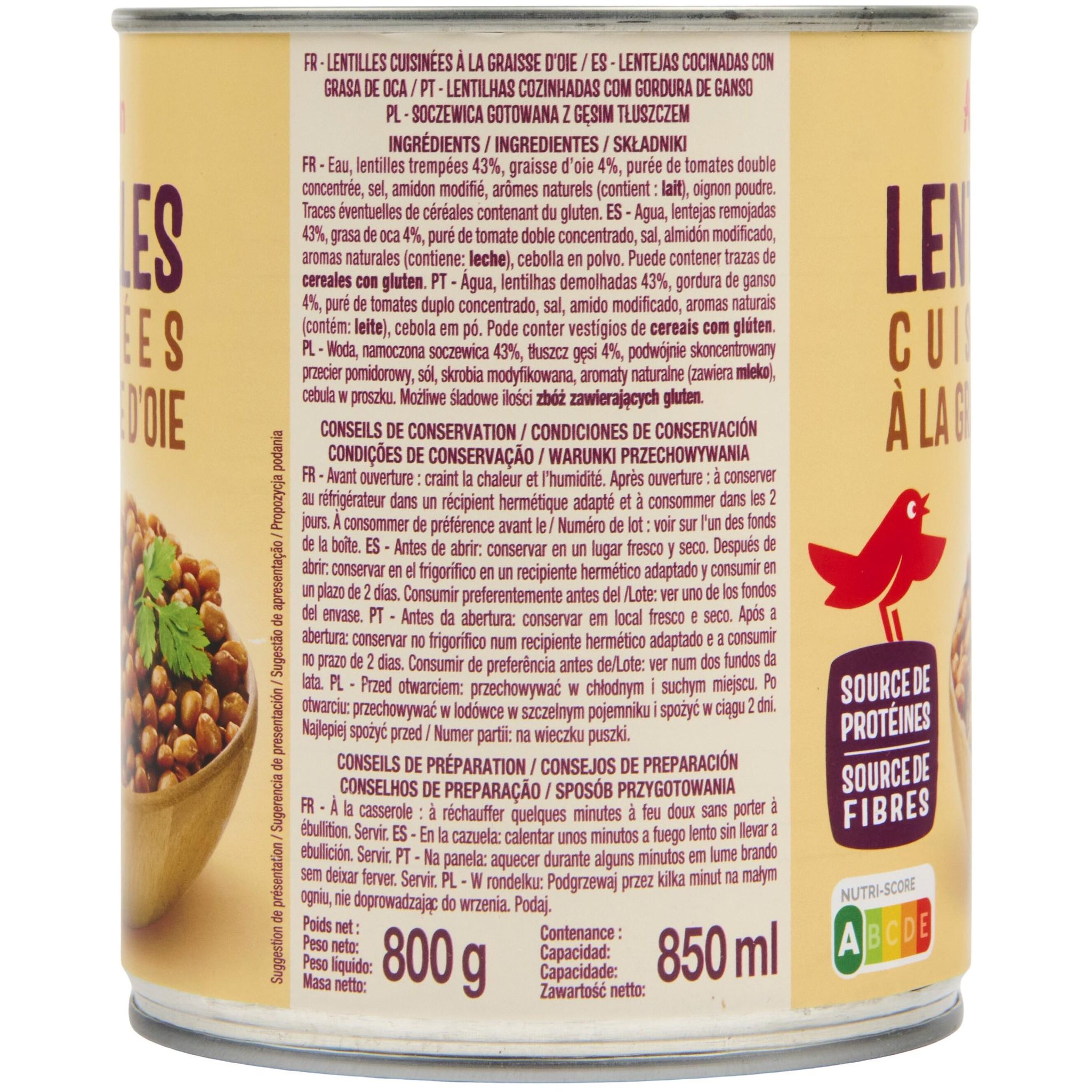 Voir la diapositive 6 : AUCHAN Lentilles cuisinées à la graisse d'oie 530g