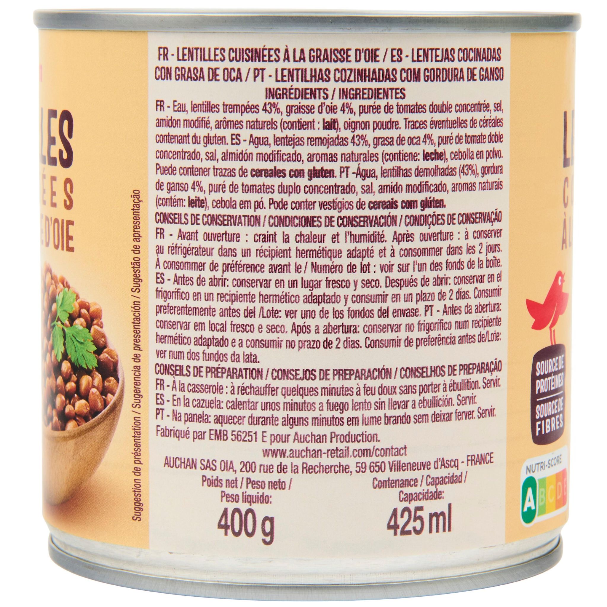 Voir la diapositive 5 : AUCHAN Lentilles cuisinées à la graisse d'oie 265g