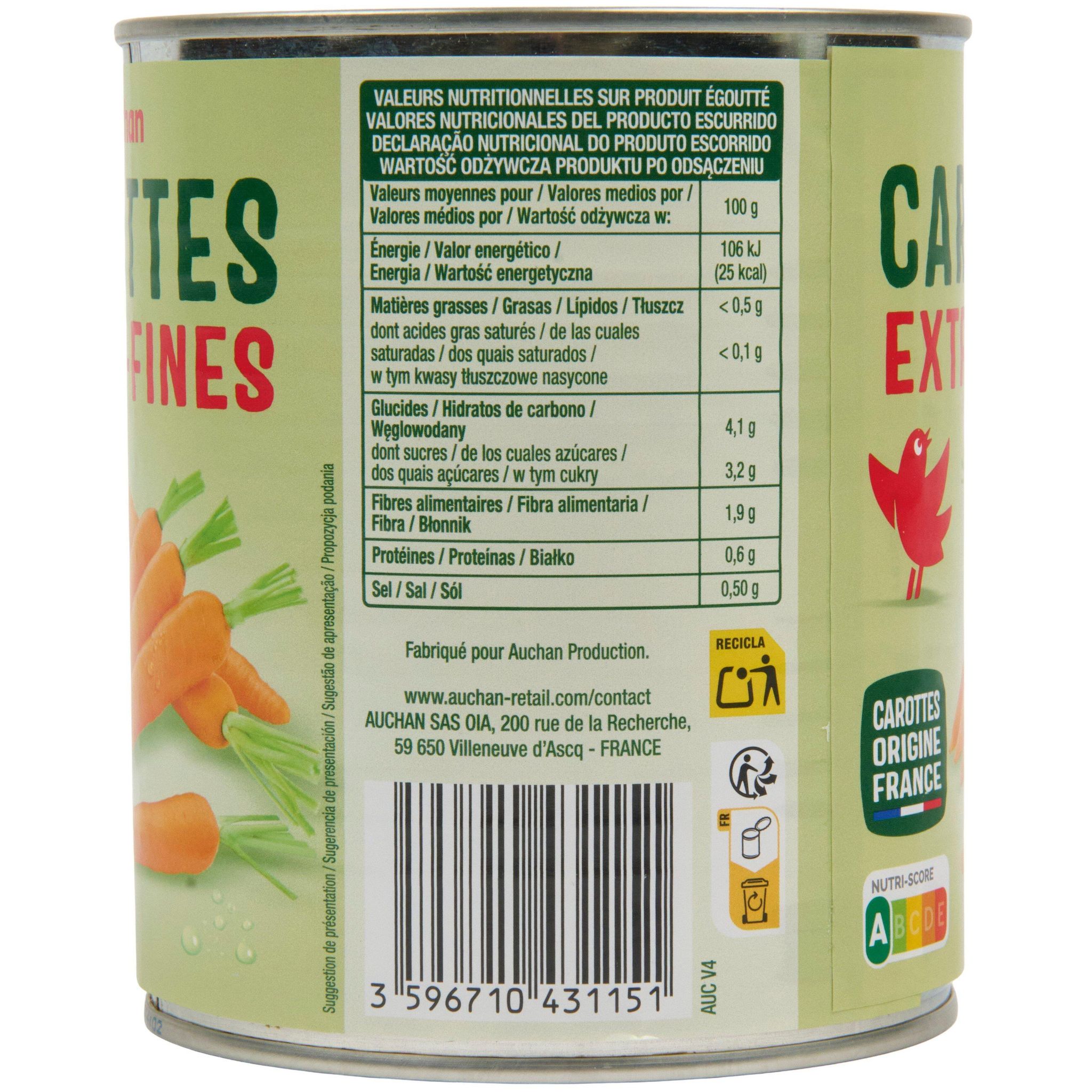 Voir la diapositive 3 : AUCHAN Carottes extra fines 530g
