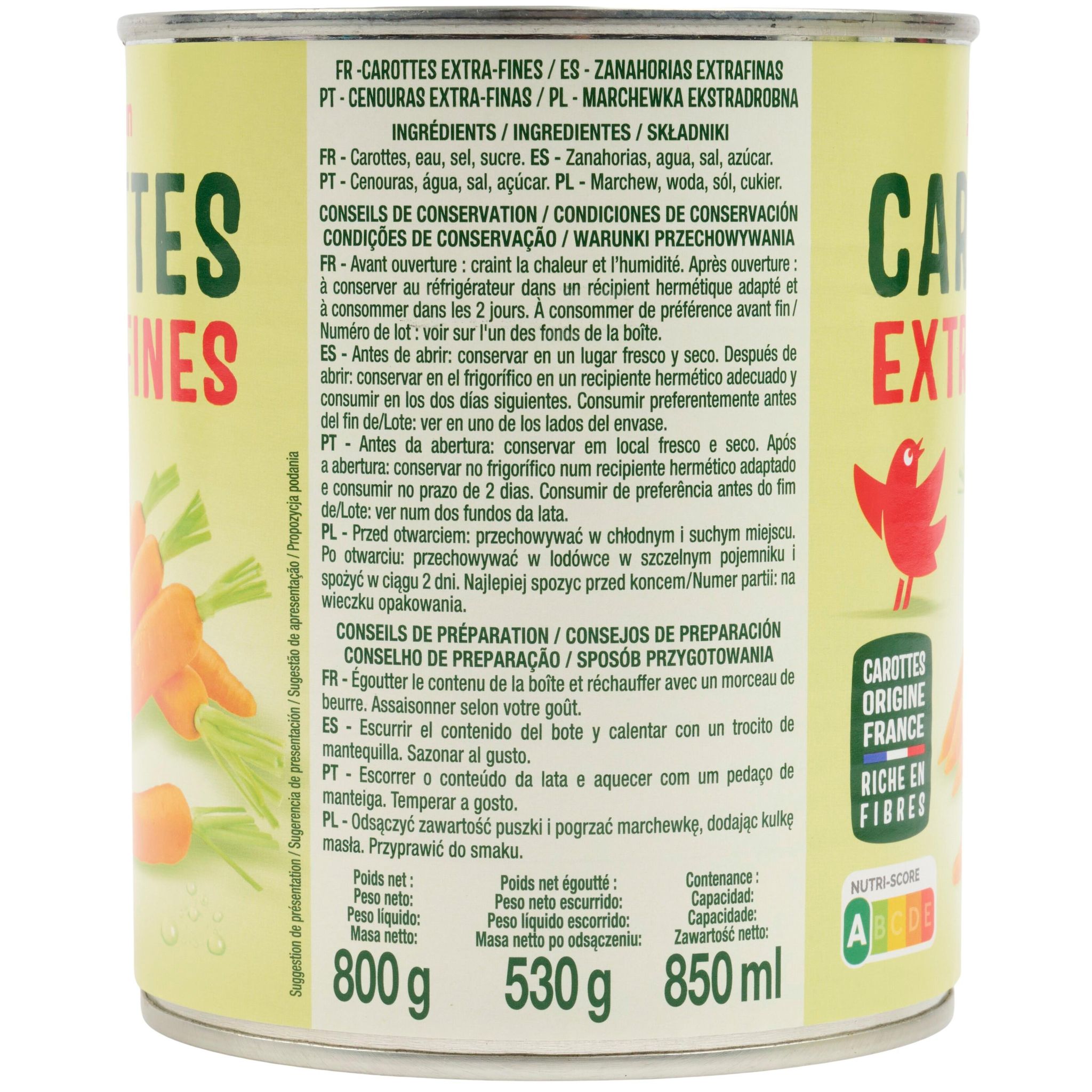 Voir la diapositive 4 : AUCHAN Carottes extra fines 530g