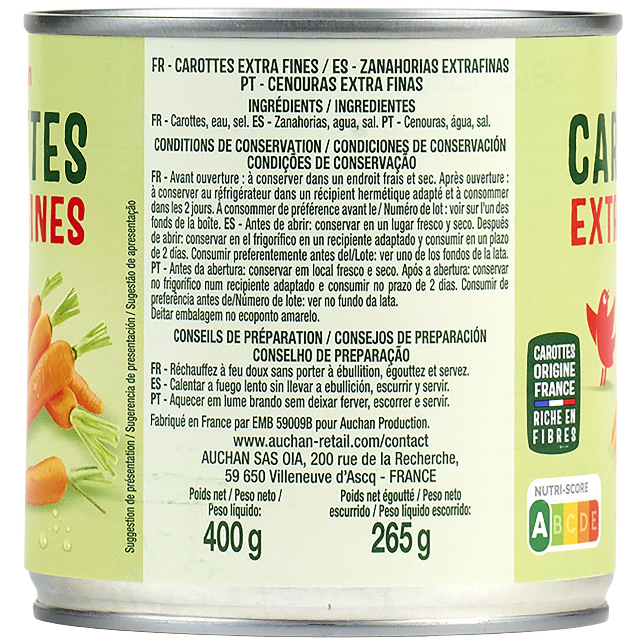 Voir la diapositive 3 : AUCHAN Carottes extra-fines 265g