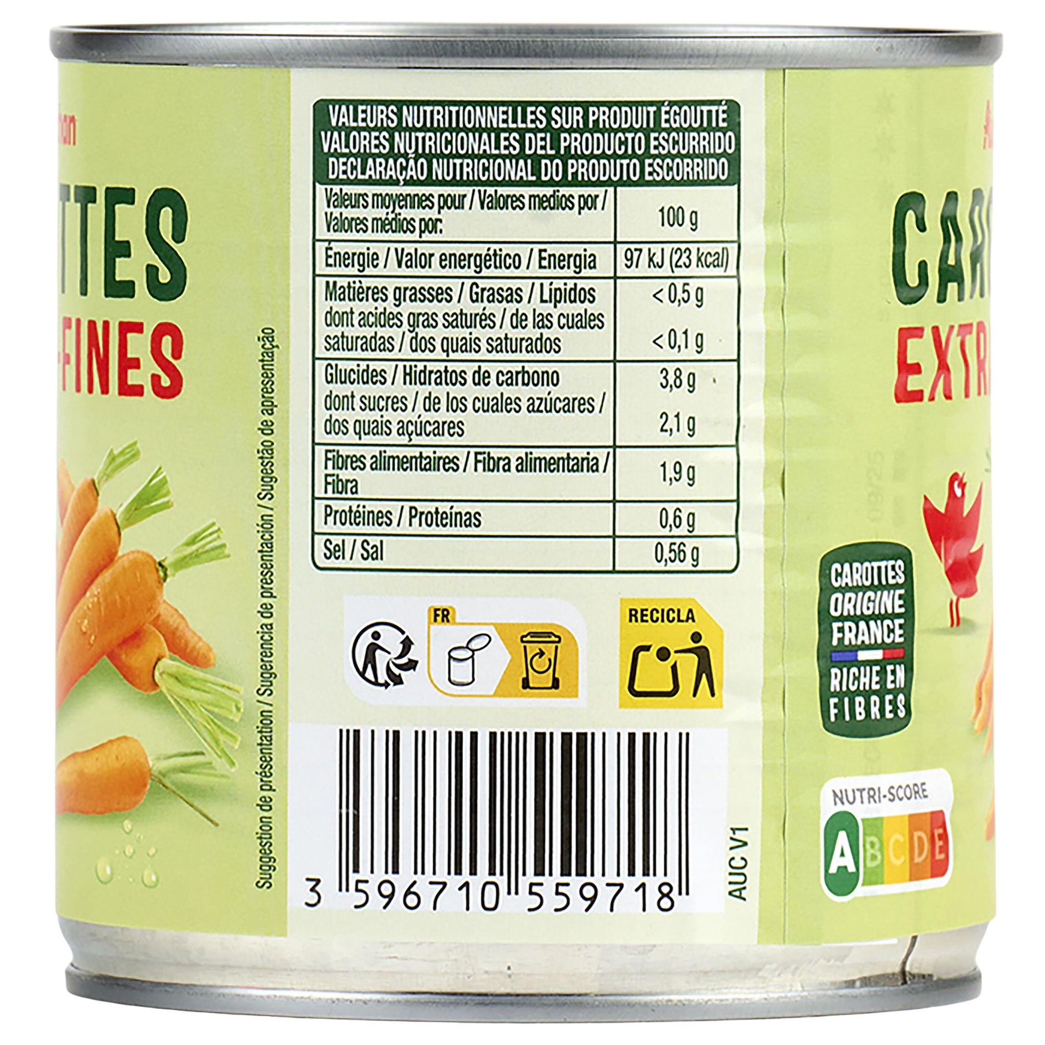 Voir la diapositive 4 : AUCHAN Carottes extra-fines 265g