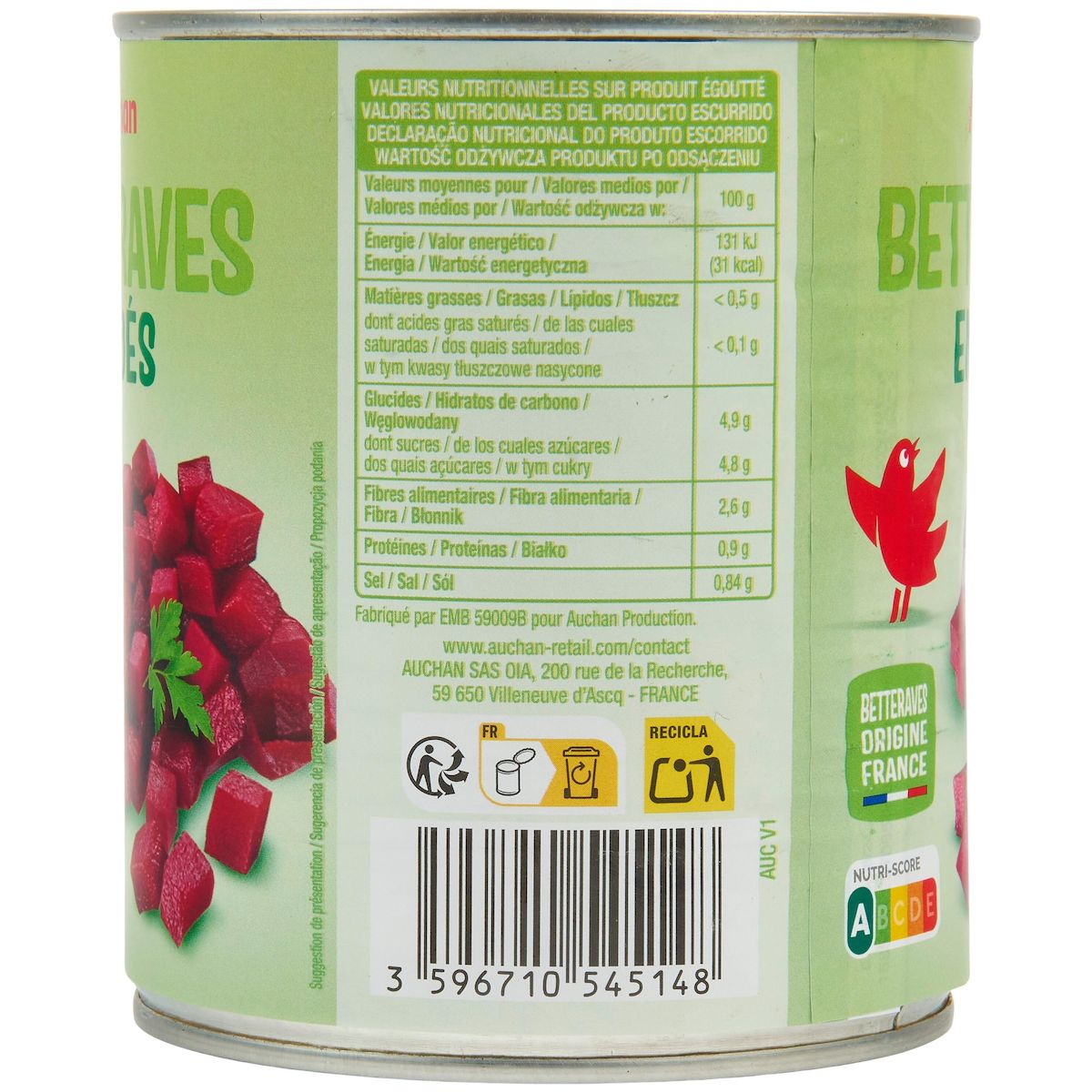 AUCHAN Betteraves en dés 530g