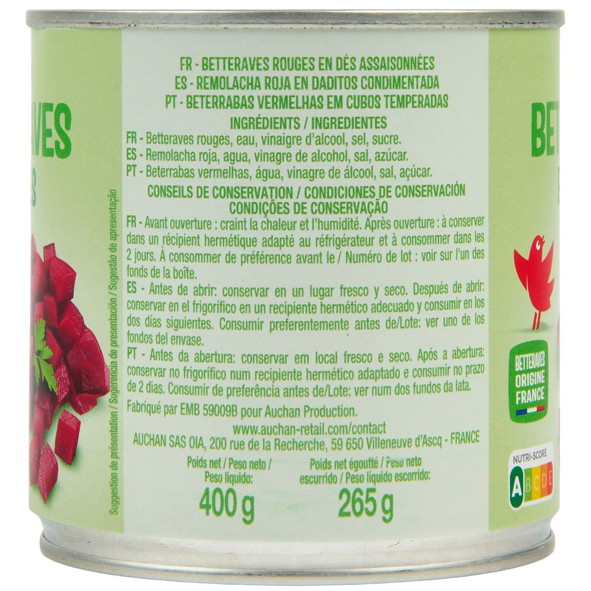 AUCHAN Betteraves en dés 265g