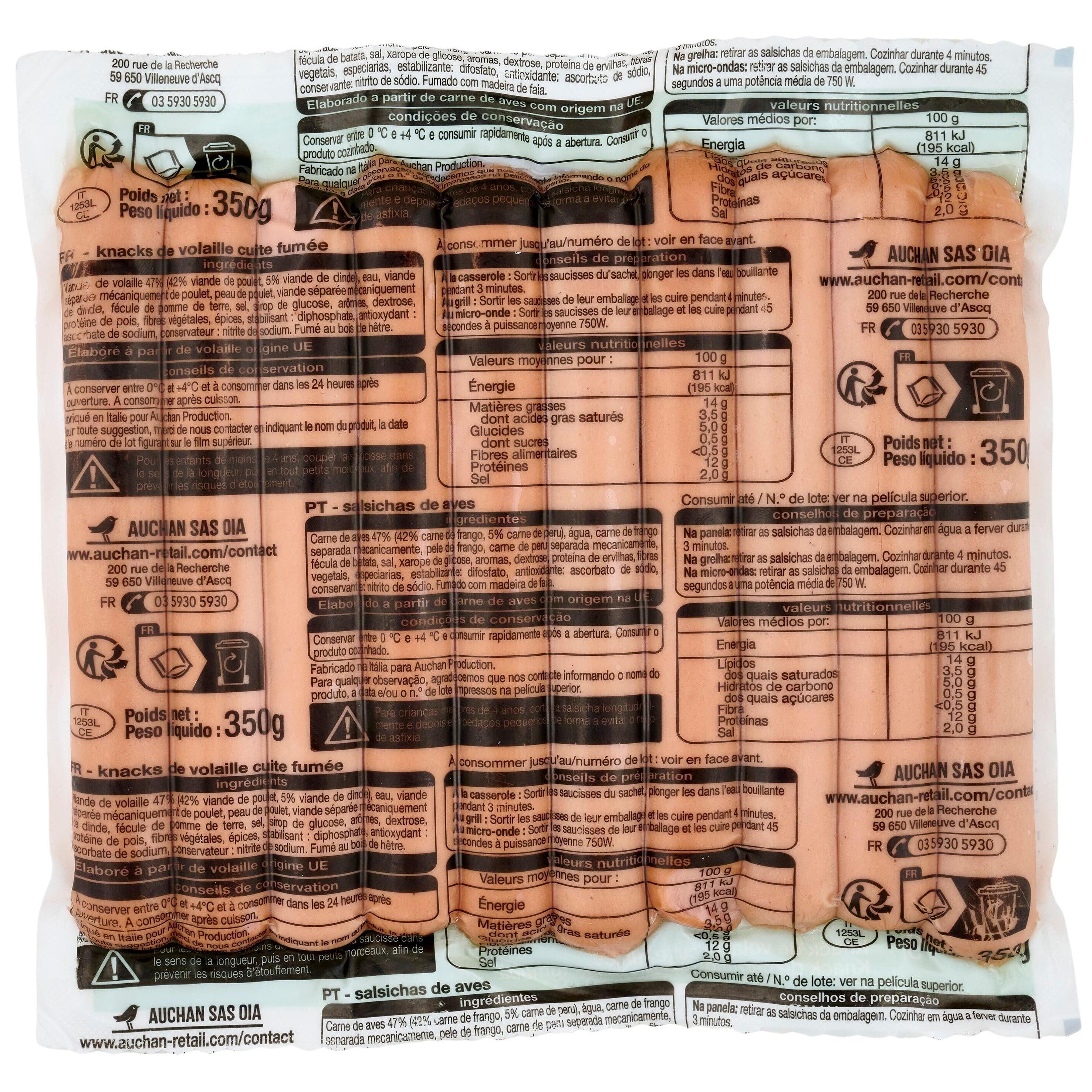 Voir la diapositive 2 : AUCHAN Saucisses knacks de volaille 10 pièces 350g